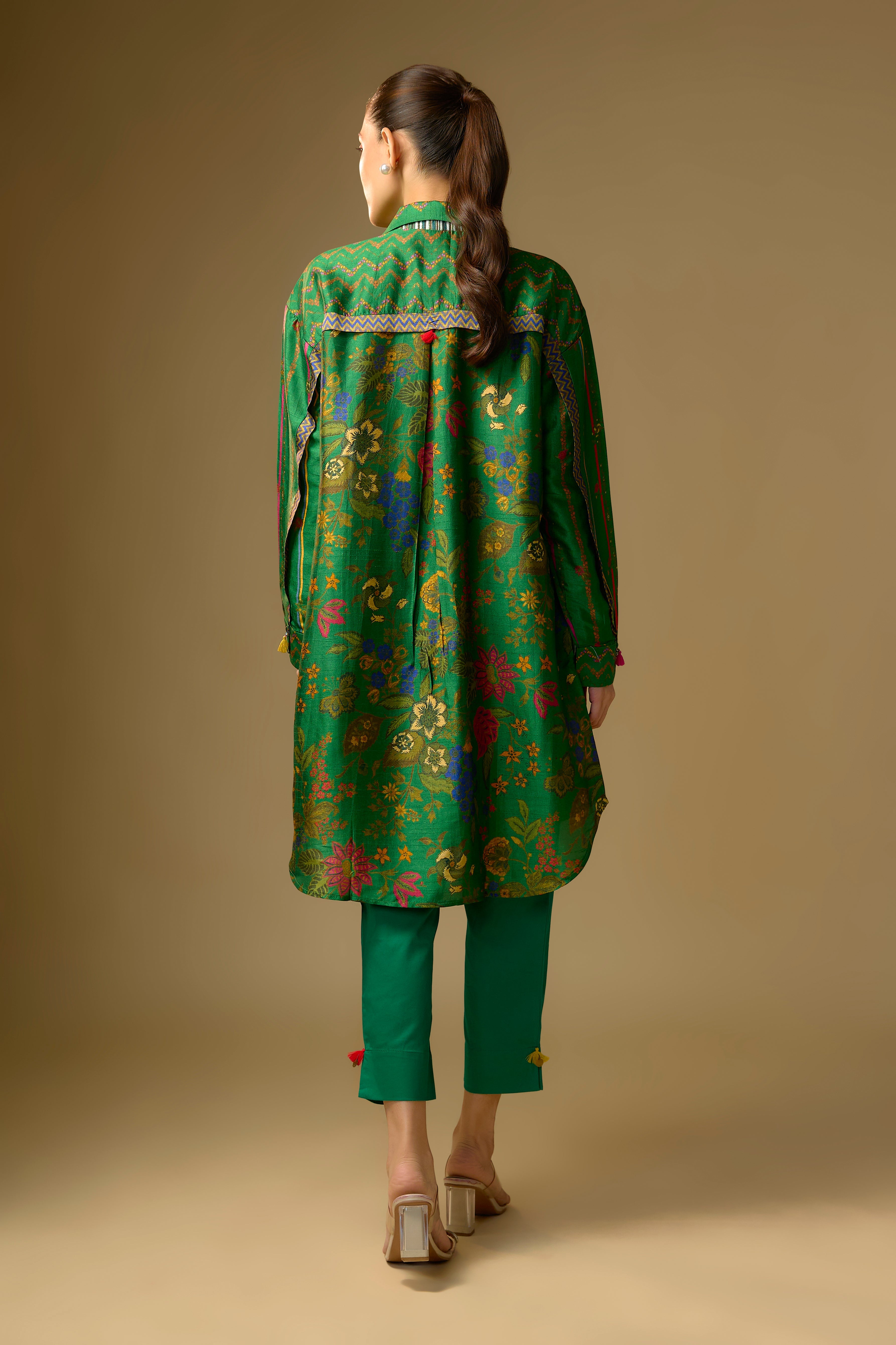 Green Printed Slub Cotton Silk Tunic Top