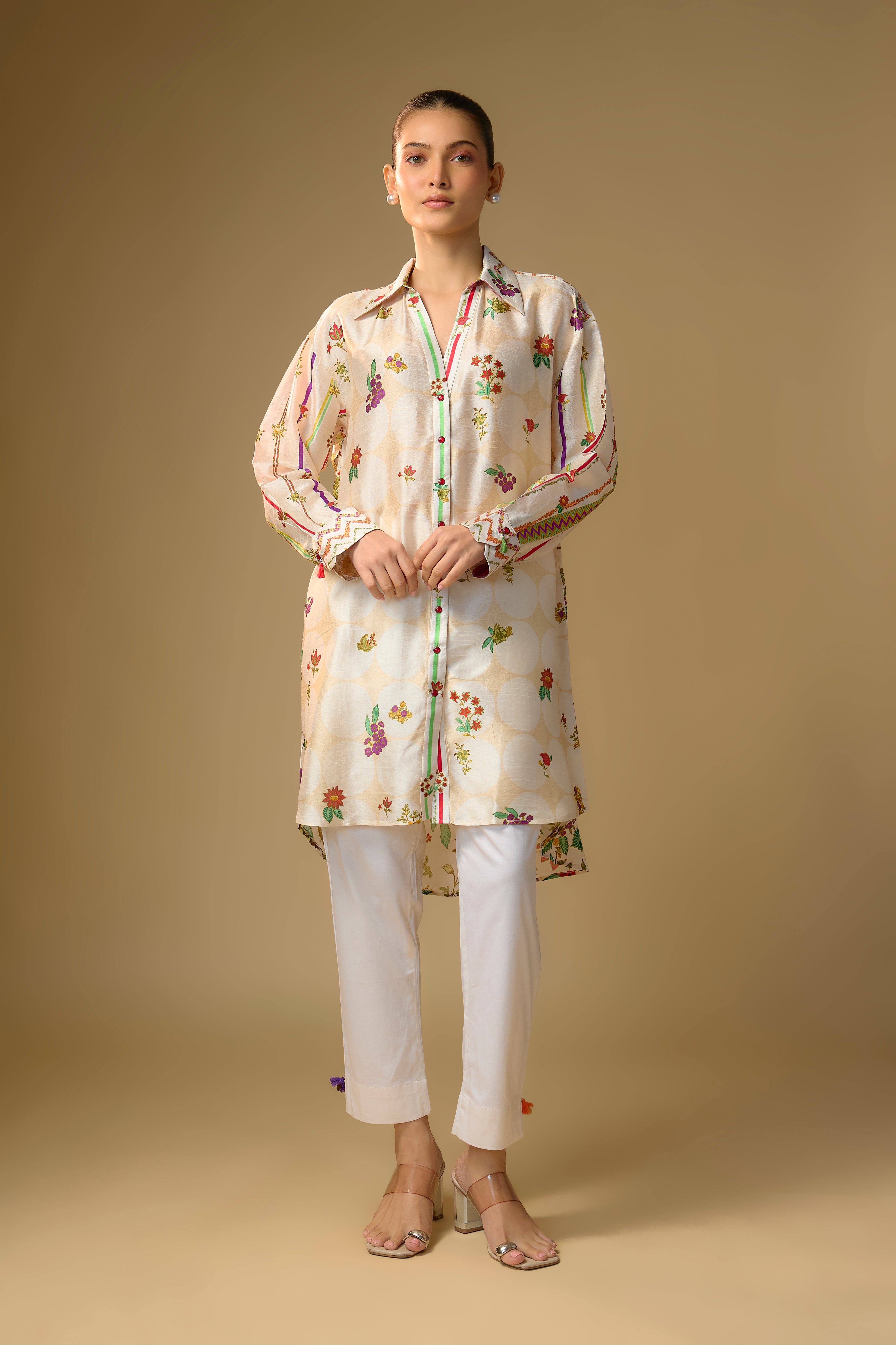 Ivory Printed Slub Cotton Silk Tunic Top