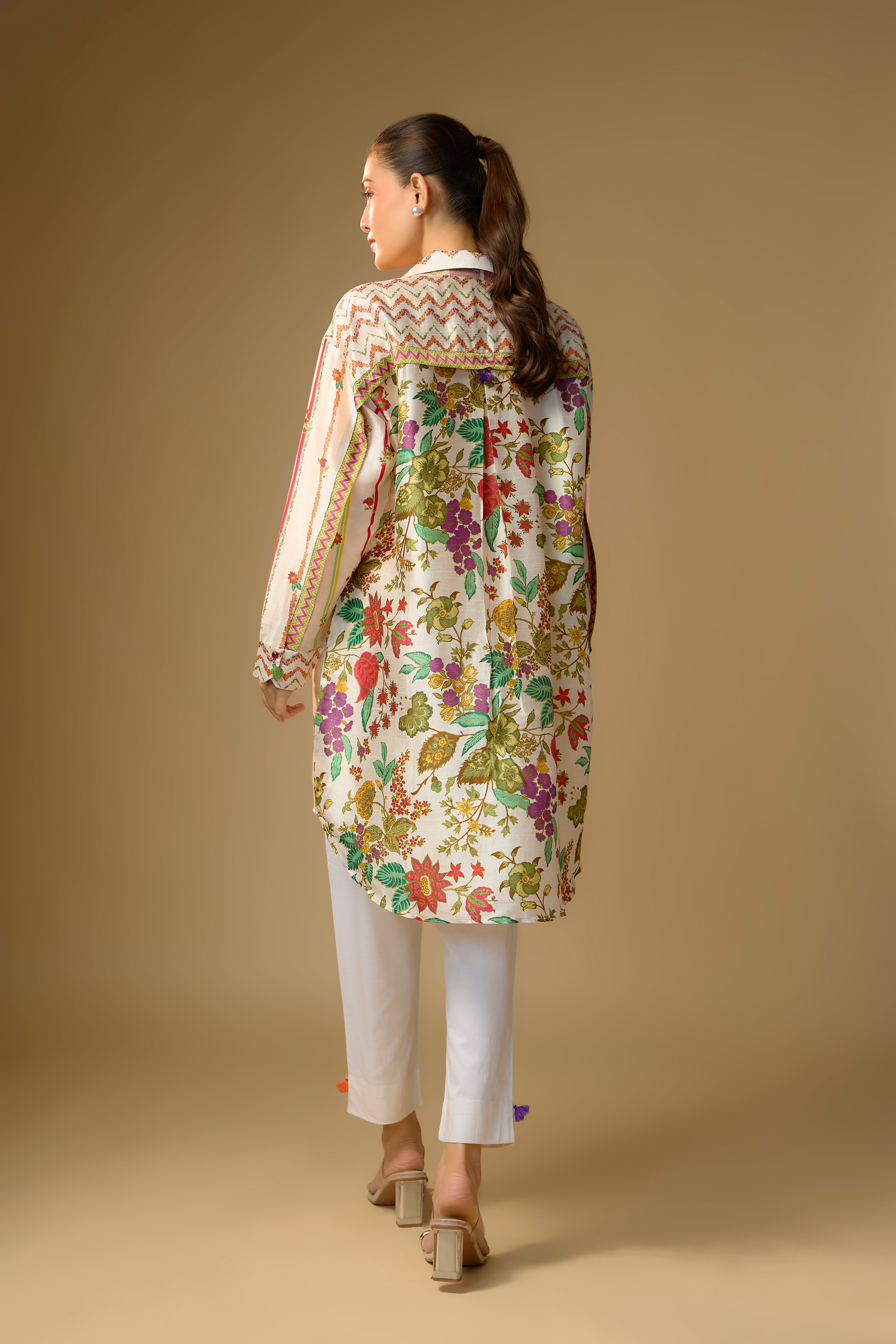Ivory Printed Slub Cotton Silk Tunic Top