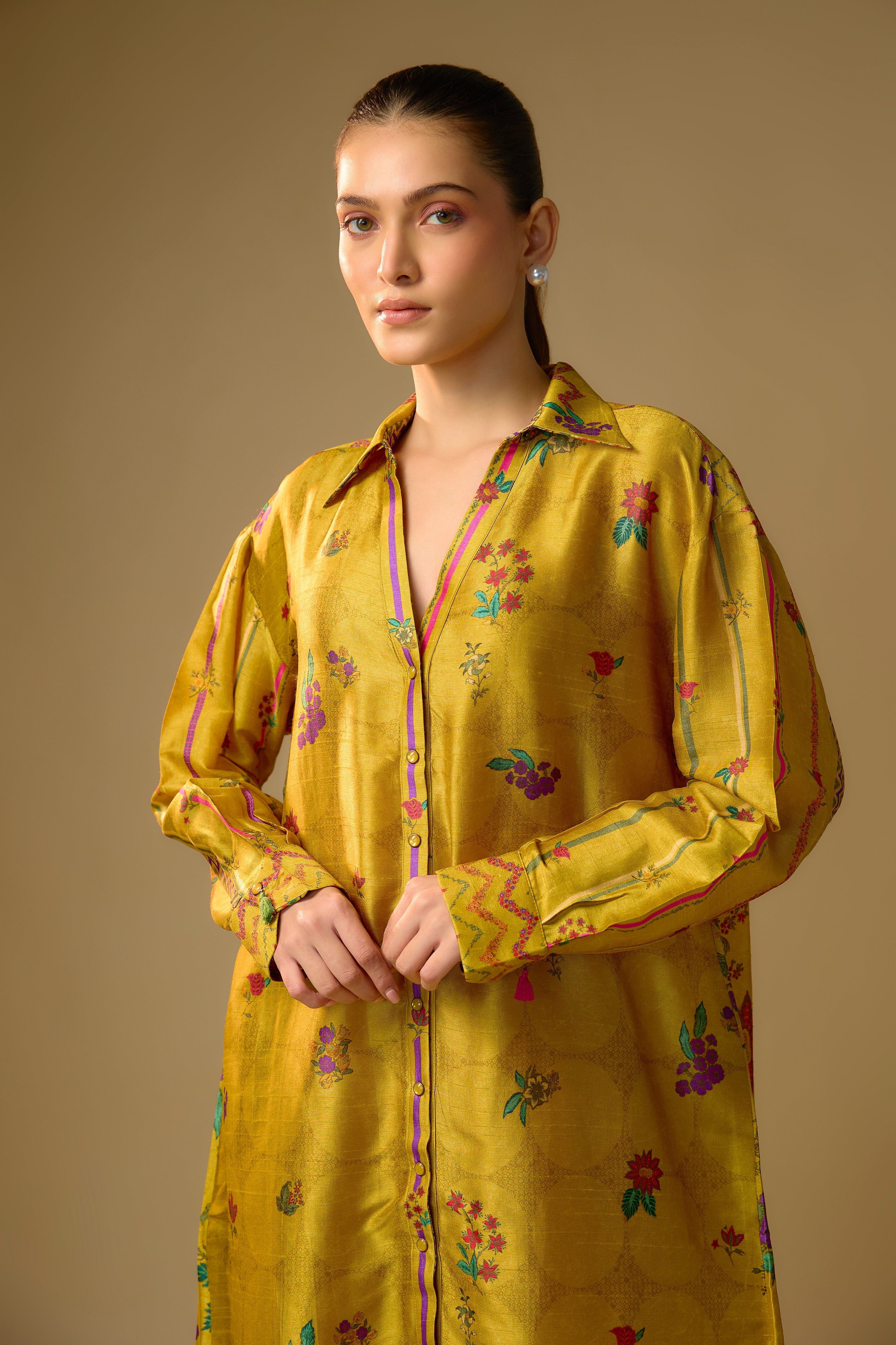 Mustard Yellow Printed Slub Cotton Silk Tunic Top