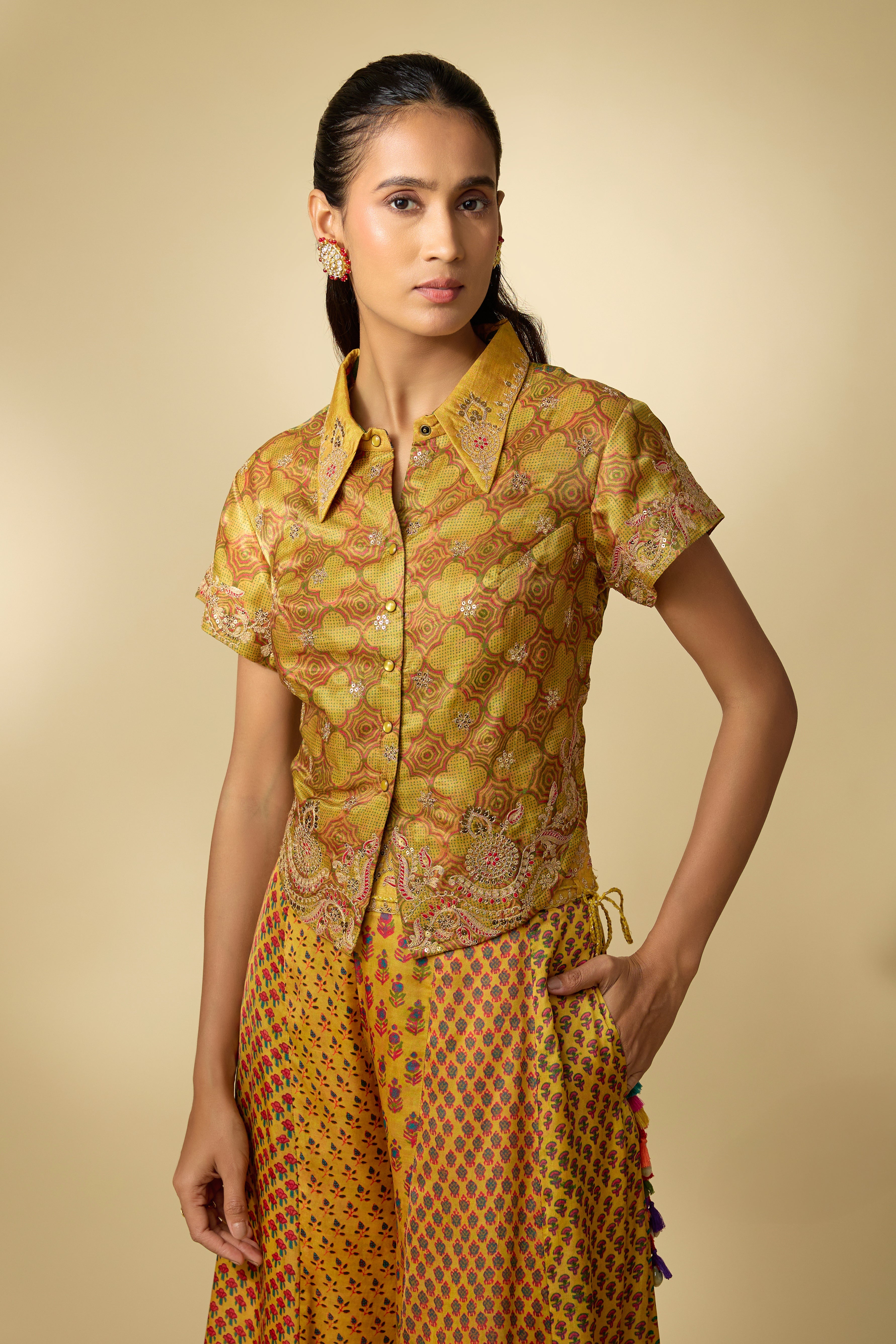 Mustard Yellow Printed Slub Cotton Silk Tunic Co-Ord Set