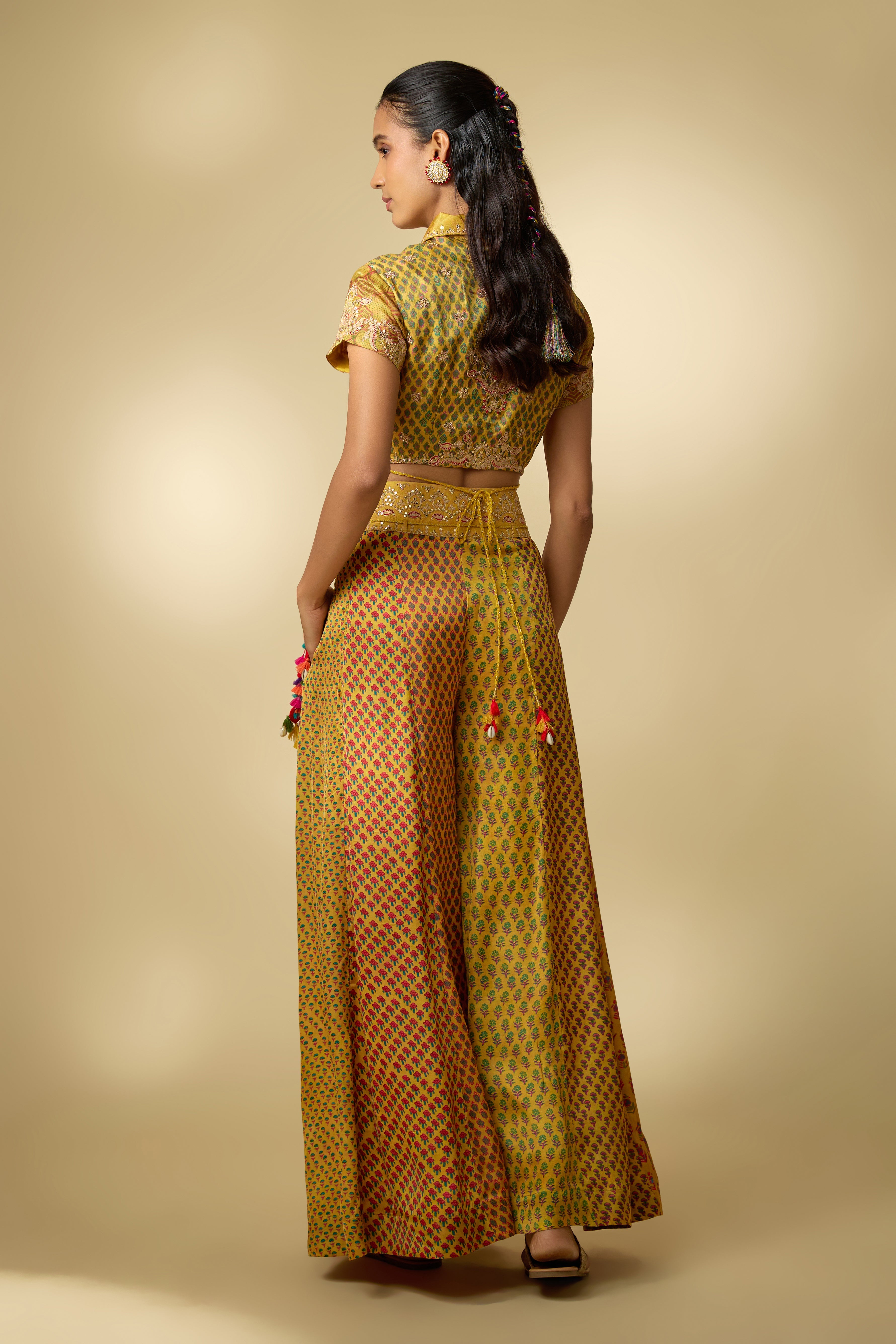 Mustard Yellow Printed Slub Cotton Silk Tunic Co-Ord Set
