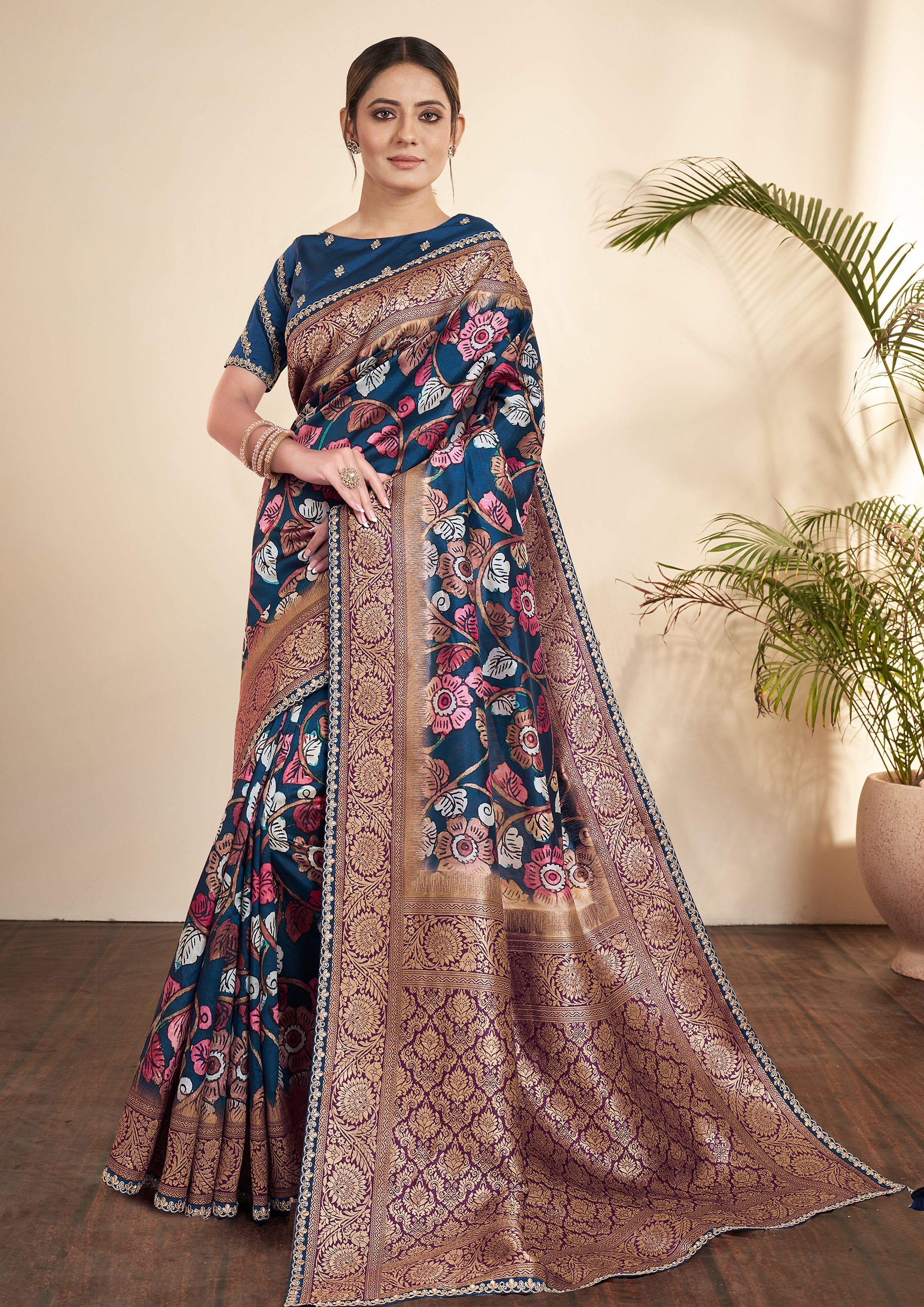 Midnight Blue Printed Tussar Silk Jacquard Saree