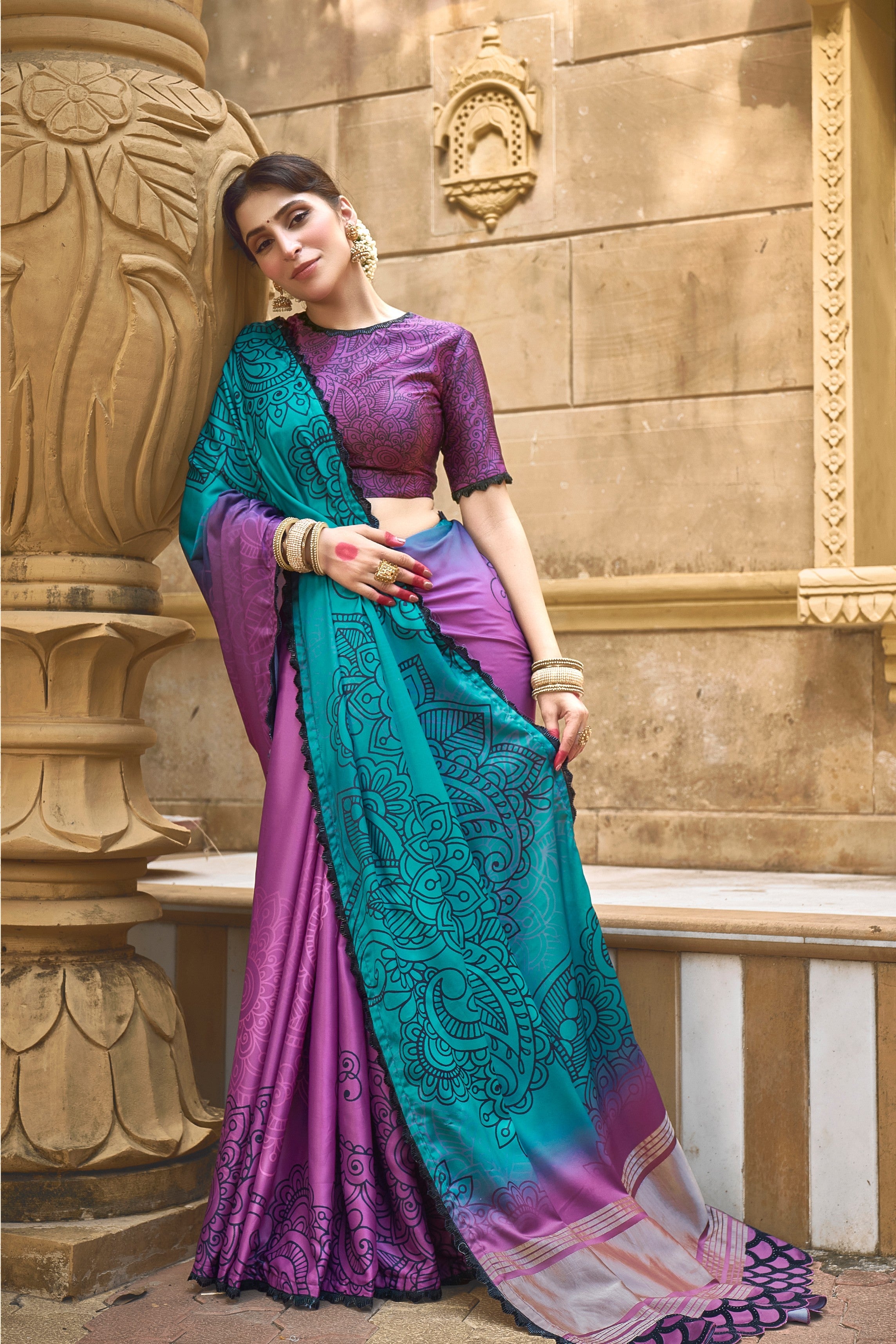 Purple Embellished Pure Gajji Silk Saree