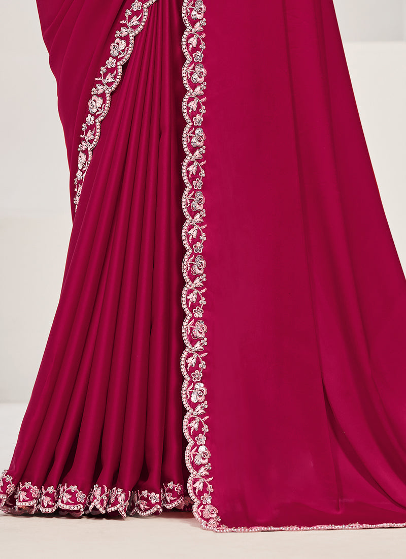 Rani Pink Embellished Crepe Satin Silk Saree
