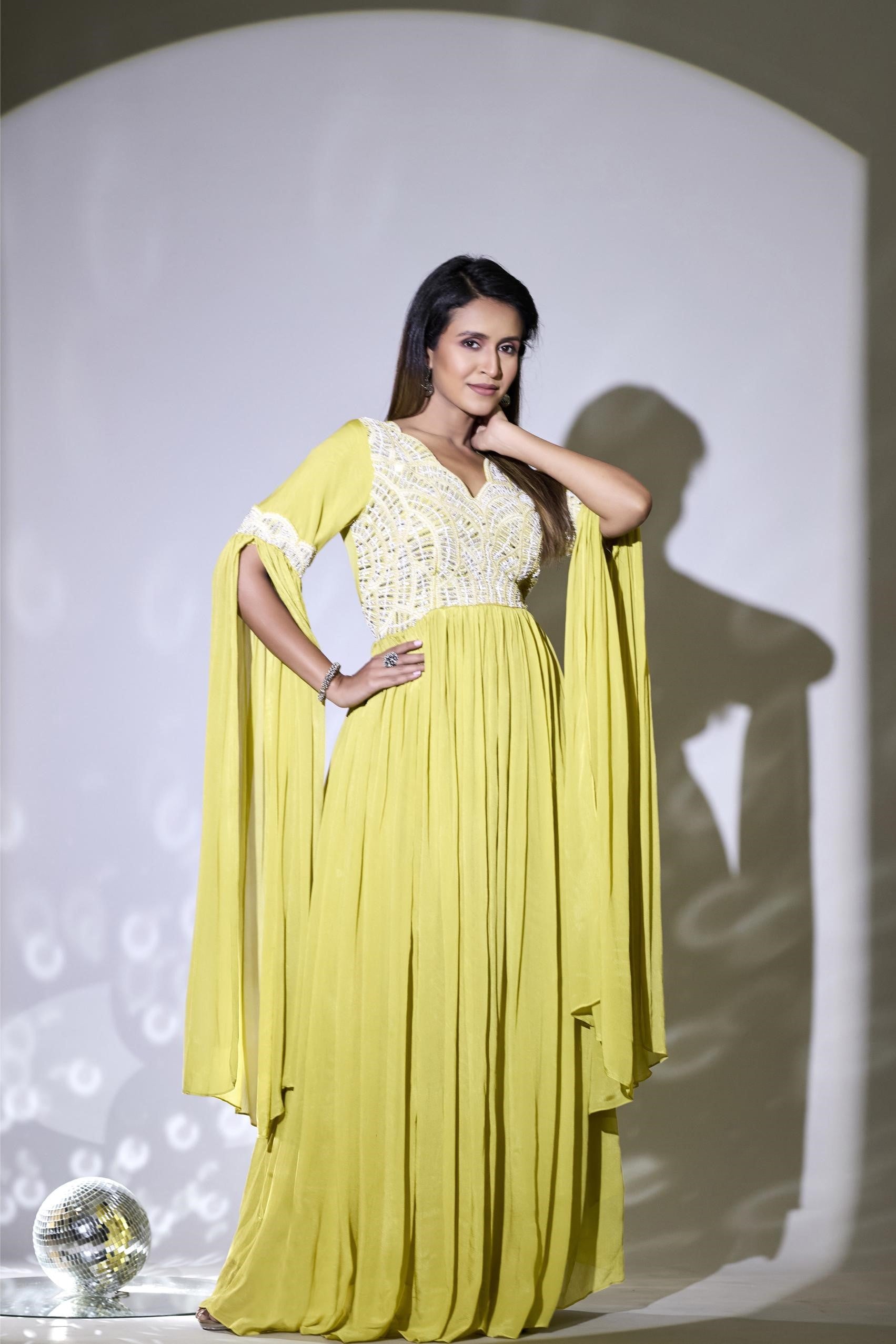 Light Yellow Embellished Premium Georgette Silk Gown