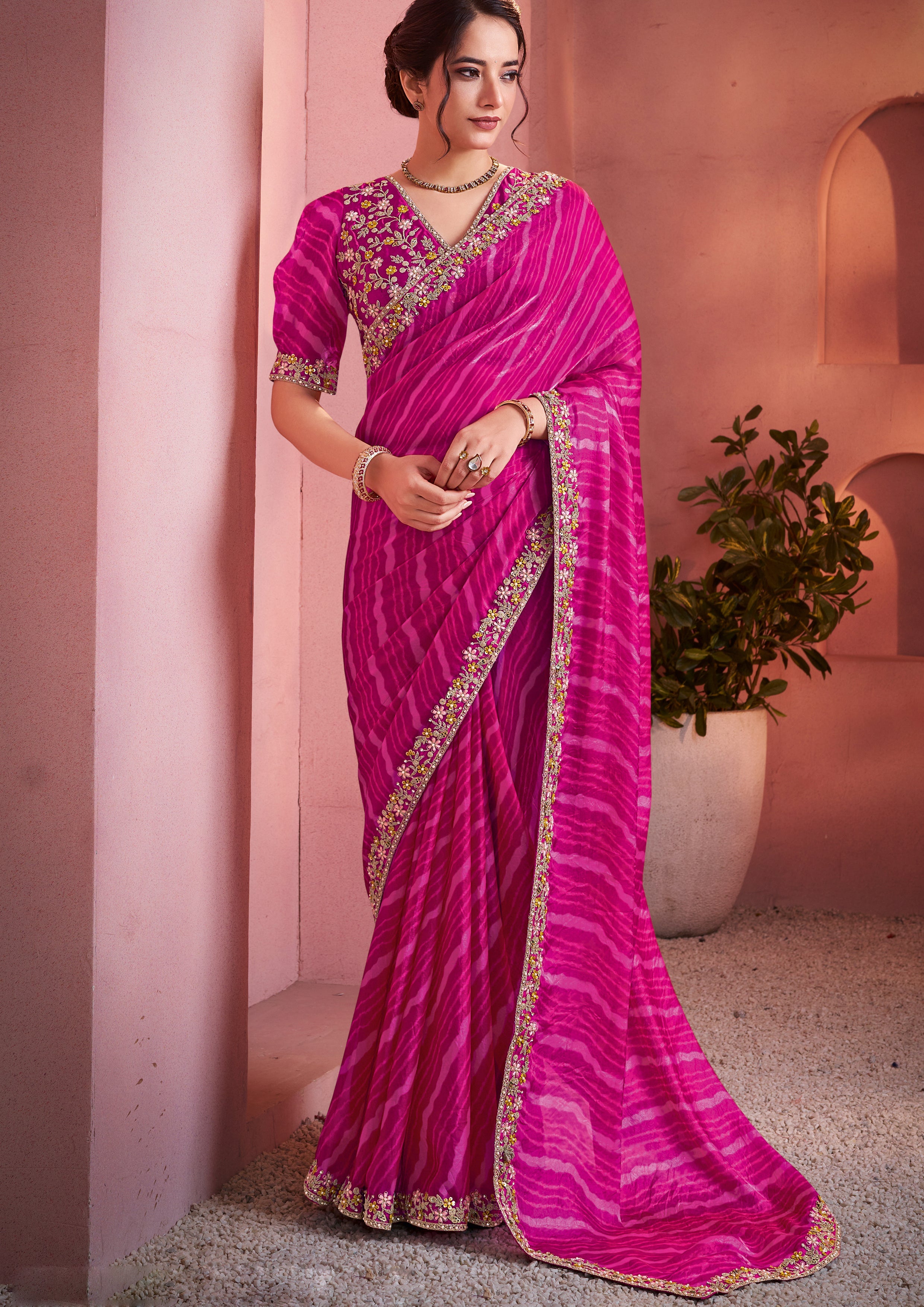 Rani Pink Embroidered Satin Silk Saree