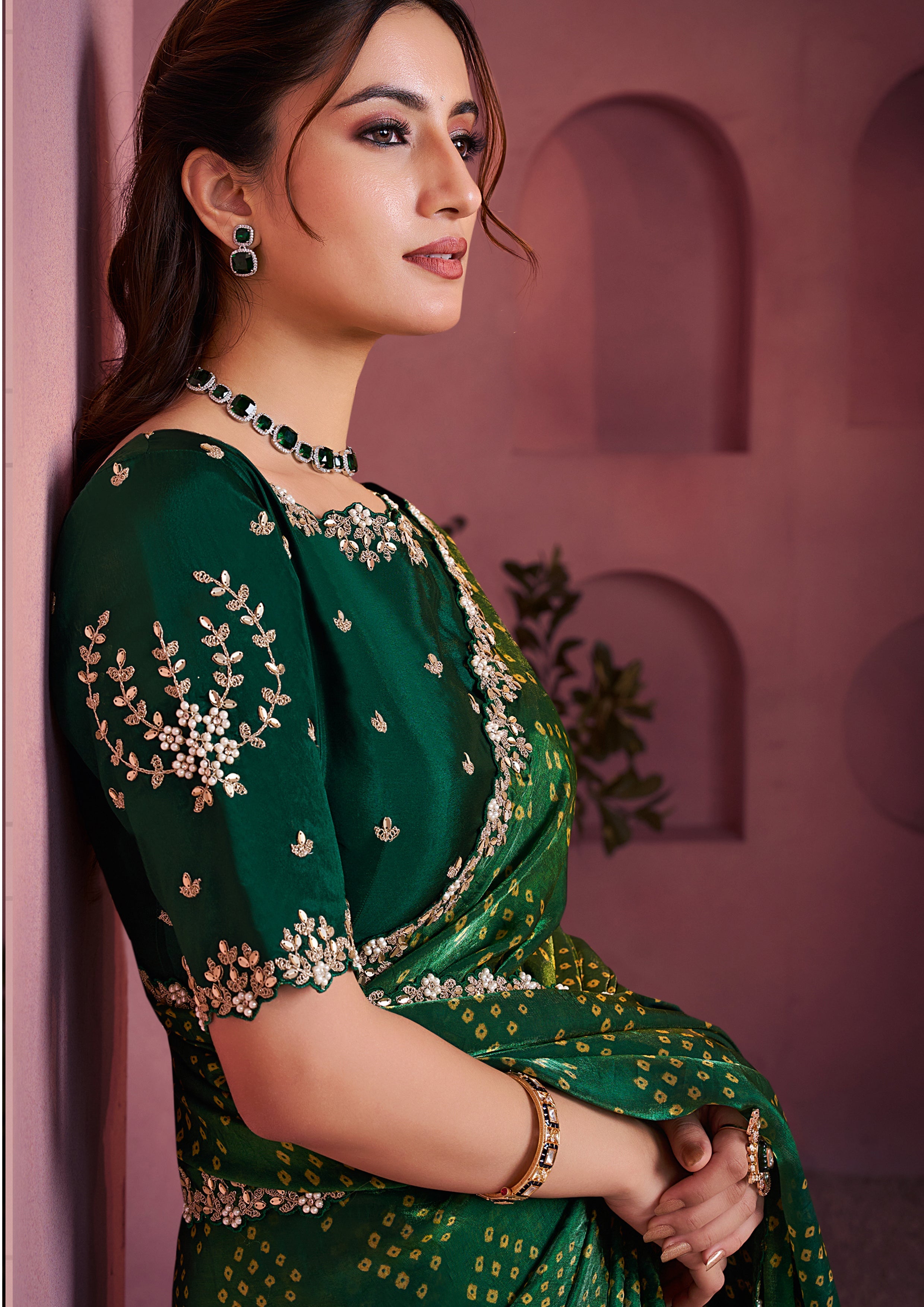 Bottle Green Bandhej Printed Satin Silk Saree