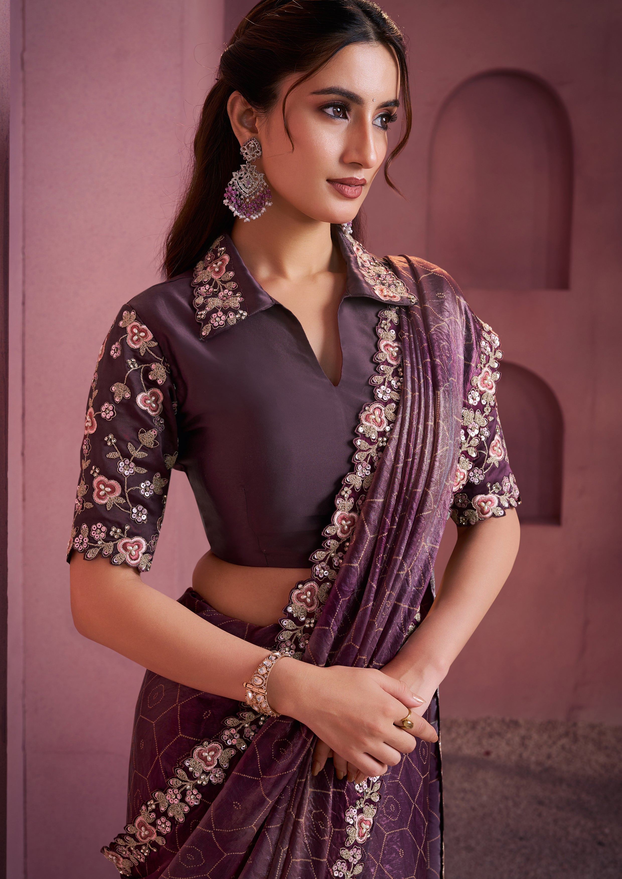 Wine Embroidered Satin Silk Saree