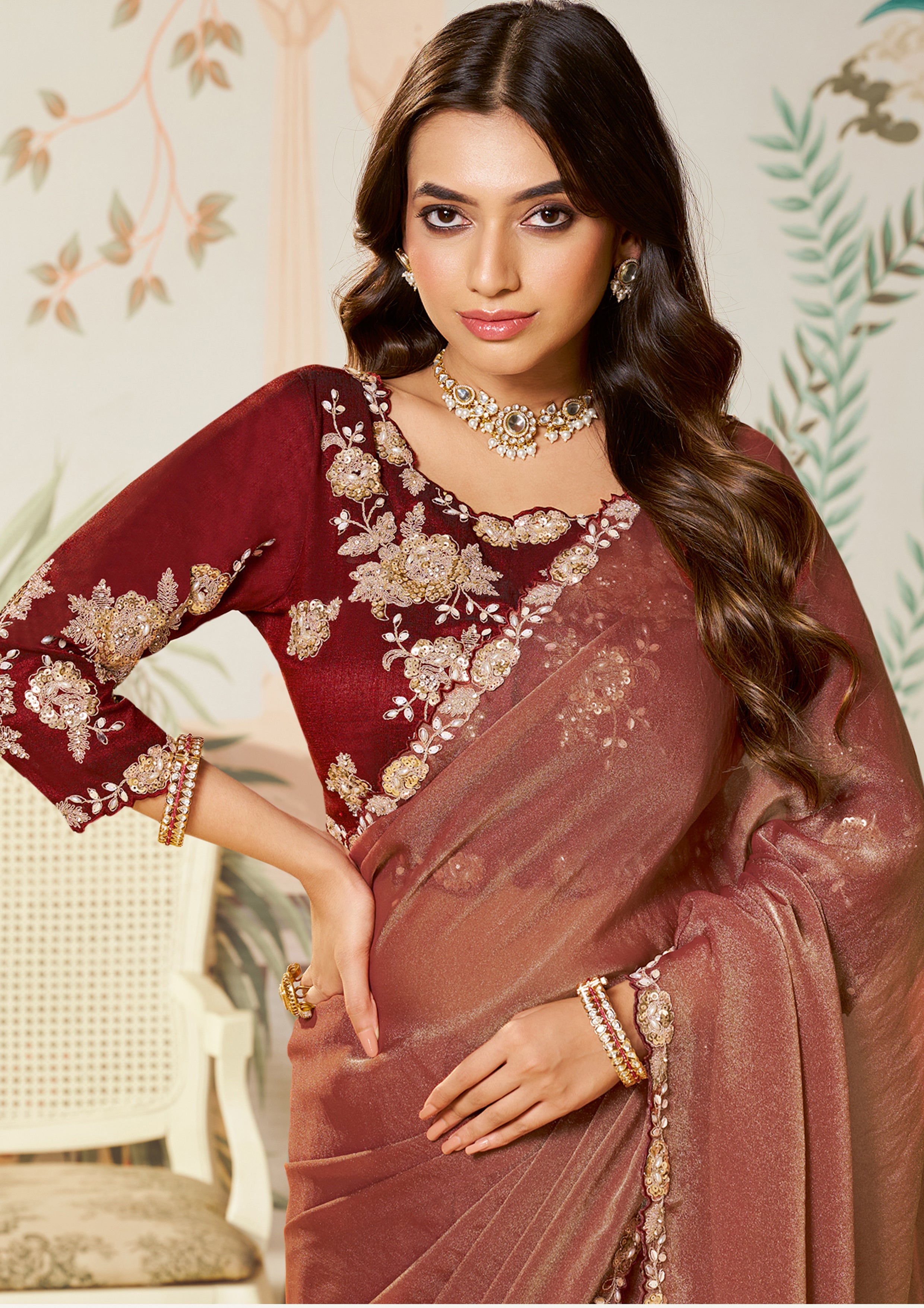 Berry Red Embellished Tussar Silk Saree