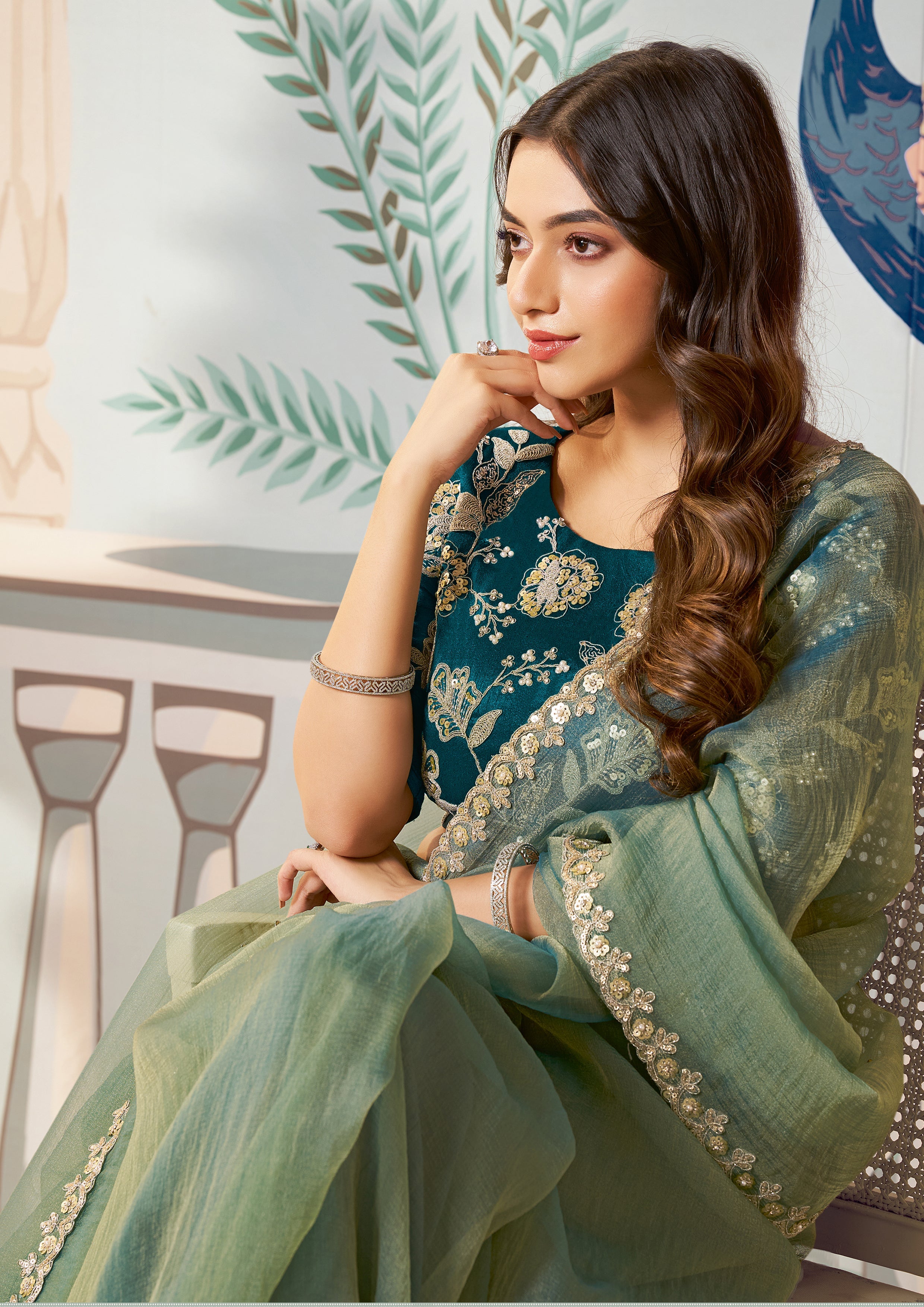 Sage Green Embellished Organza Silk Saree
