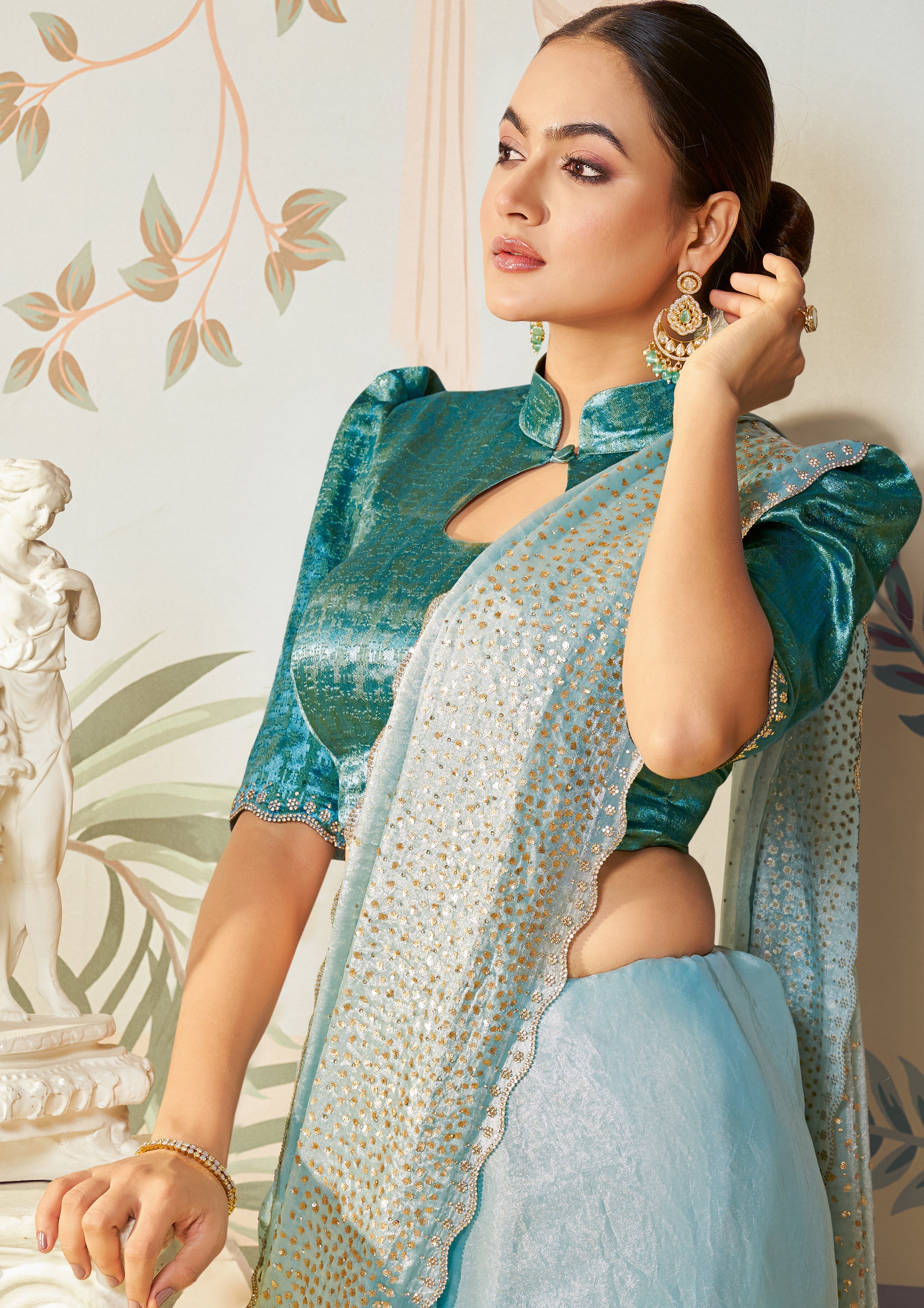 Ice Blue Embellished Organza Silk Saree