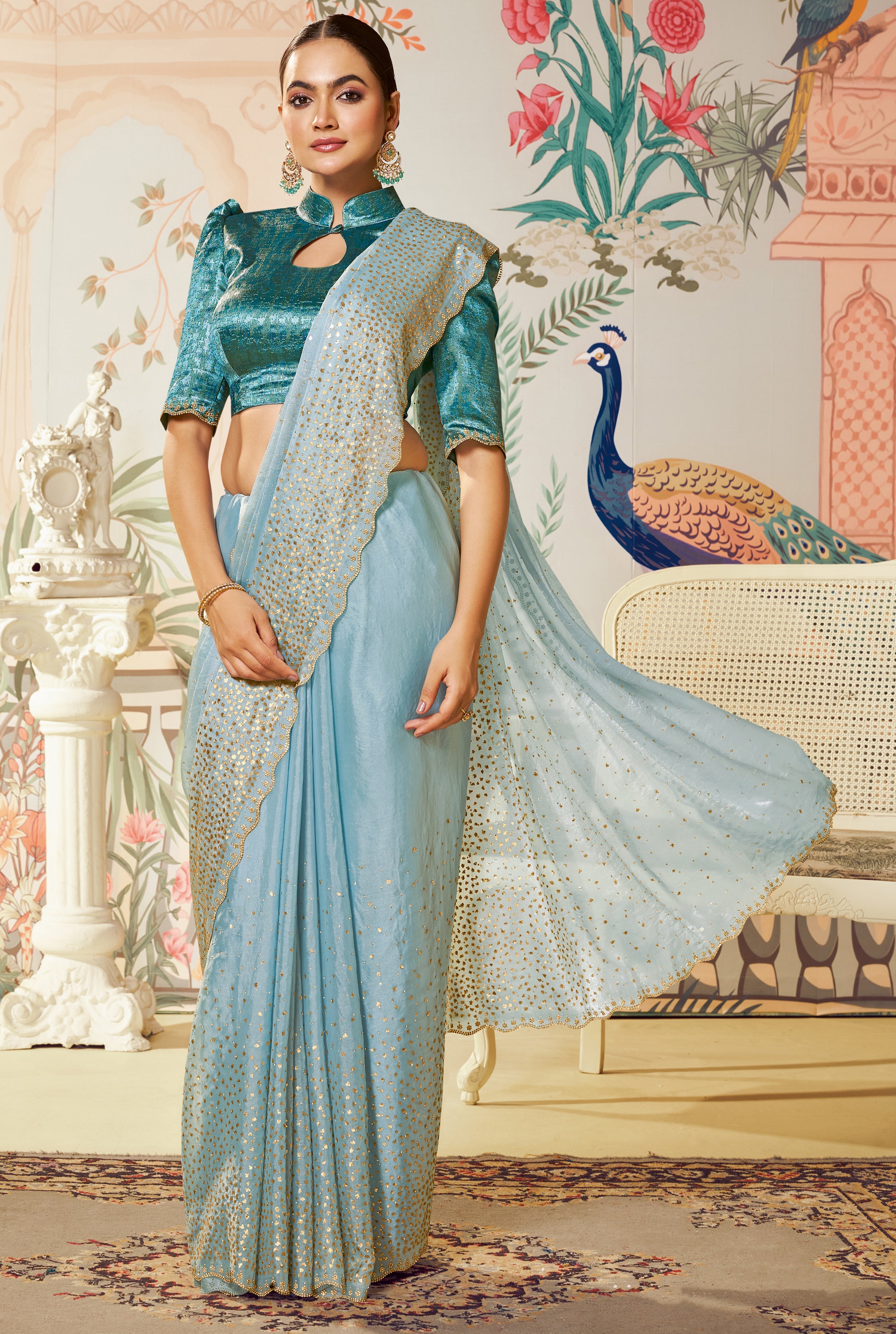 Ice Blue Embellished Organza Silk Saree