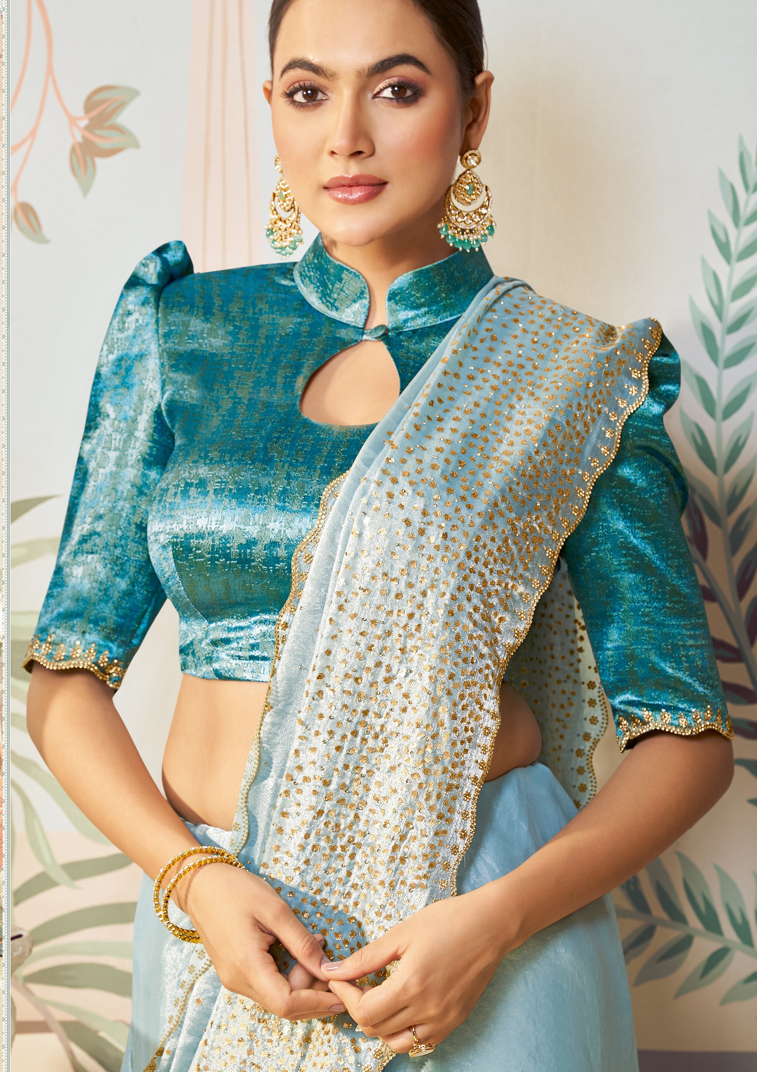 Ice Blue Embellished Organza Silk Saree