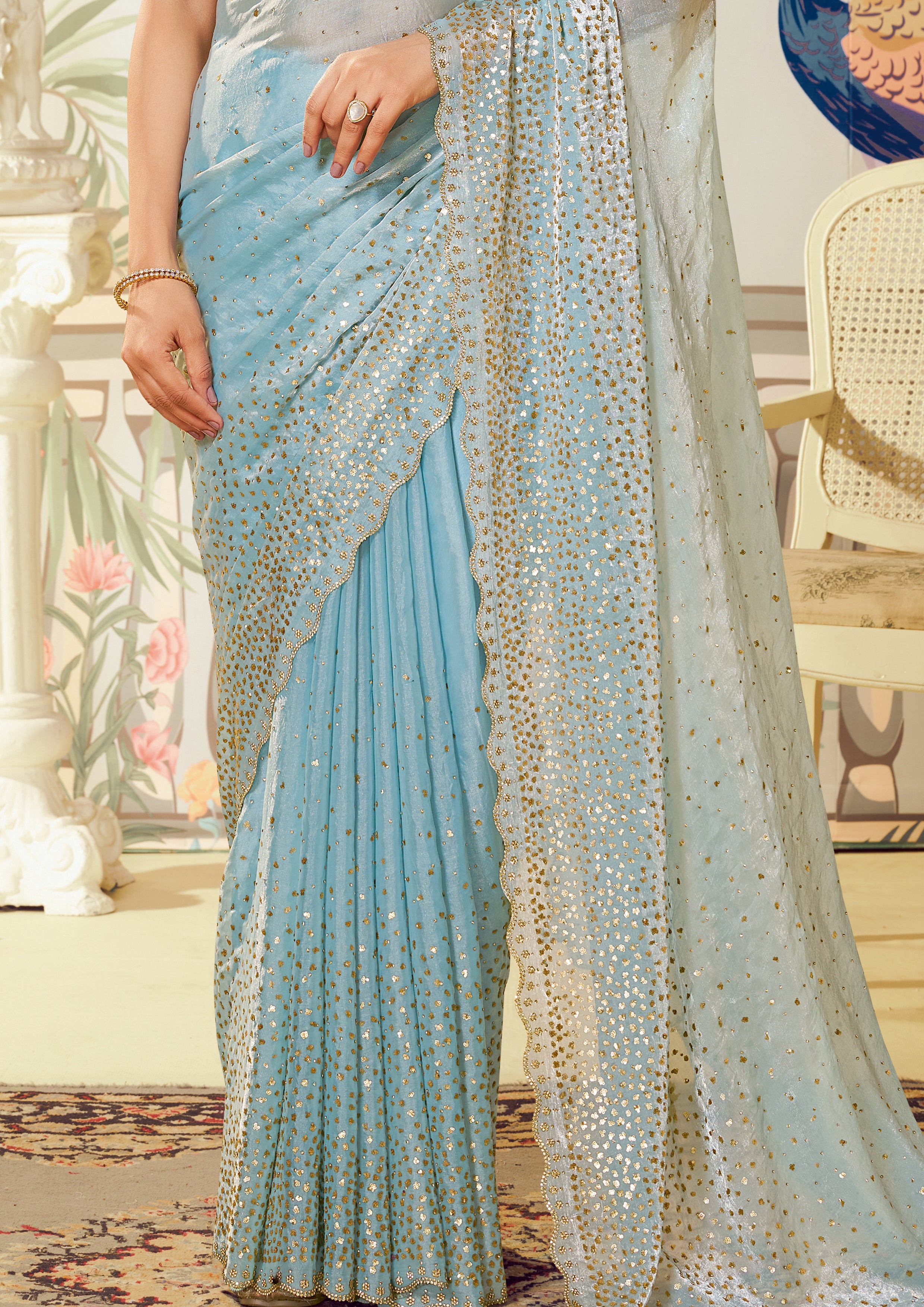 Ice Blue Embellished Organza Silk Saree