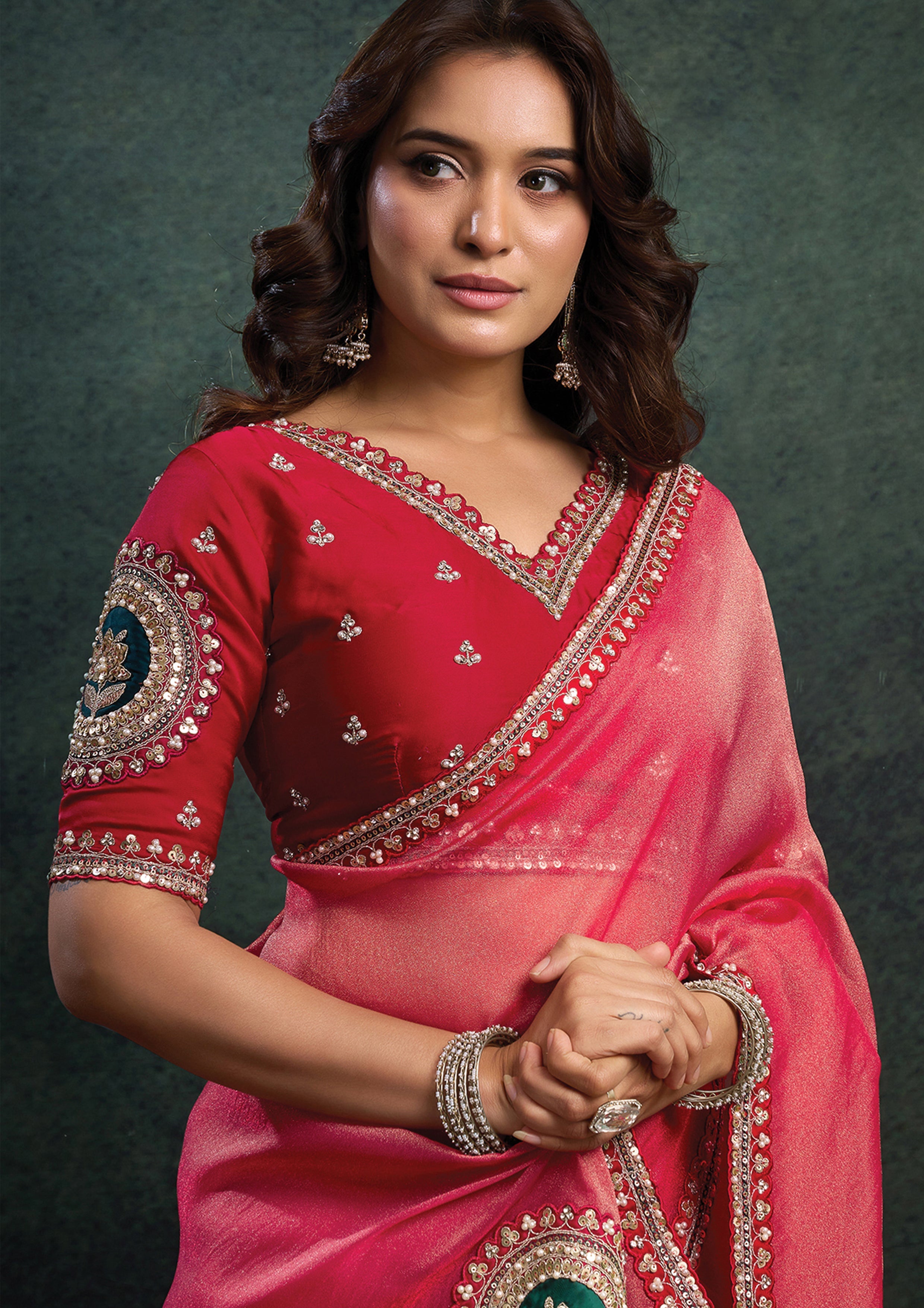 Vermilion Red Embellished Organza Silk Saree