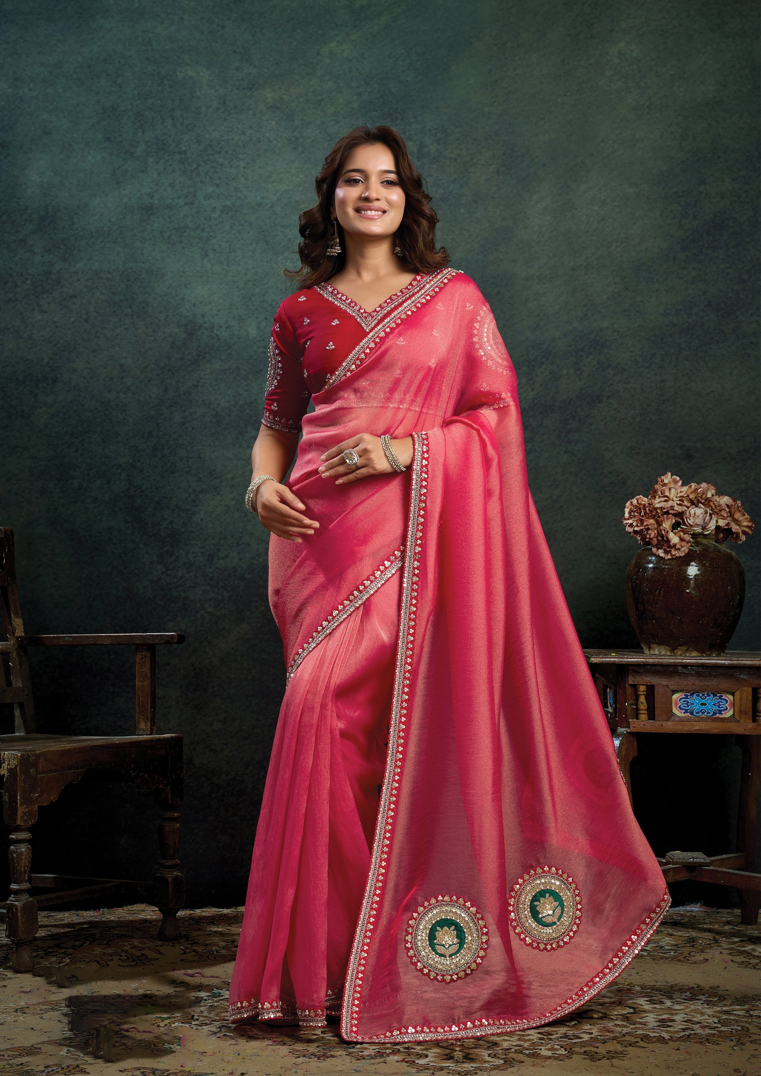 Vermilion Red Embellished Organza Silk Saree