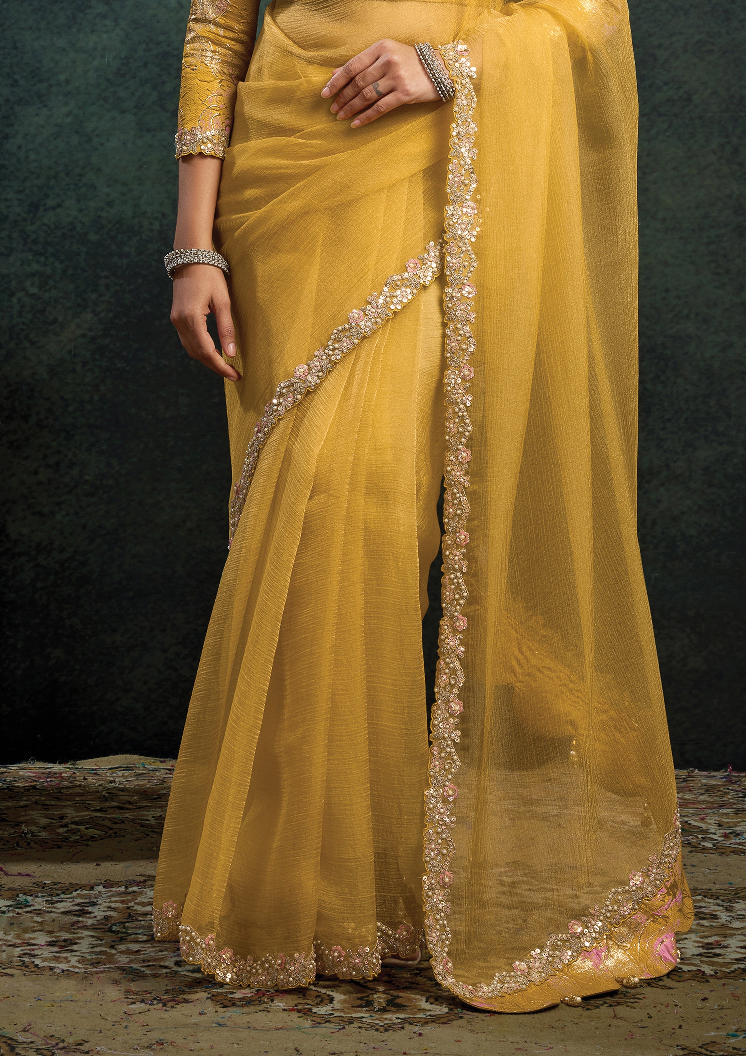 Amber Yellow Embellished Organza Silk Saree