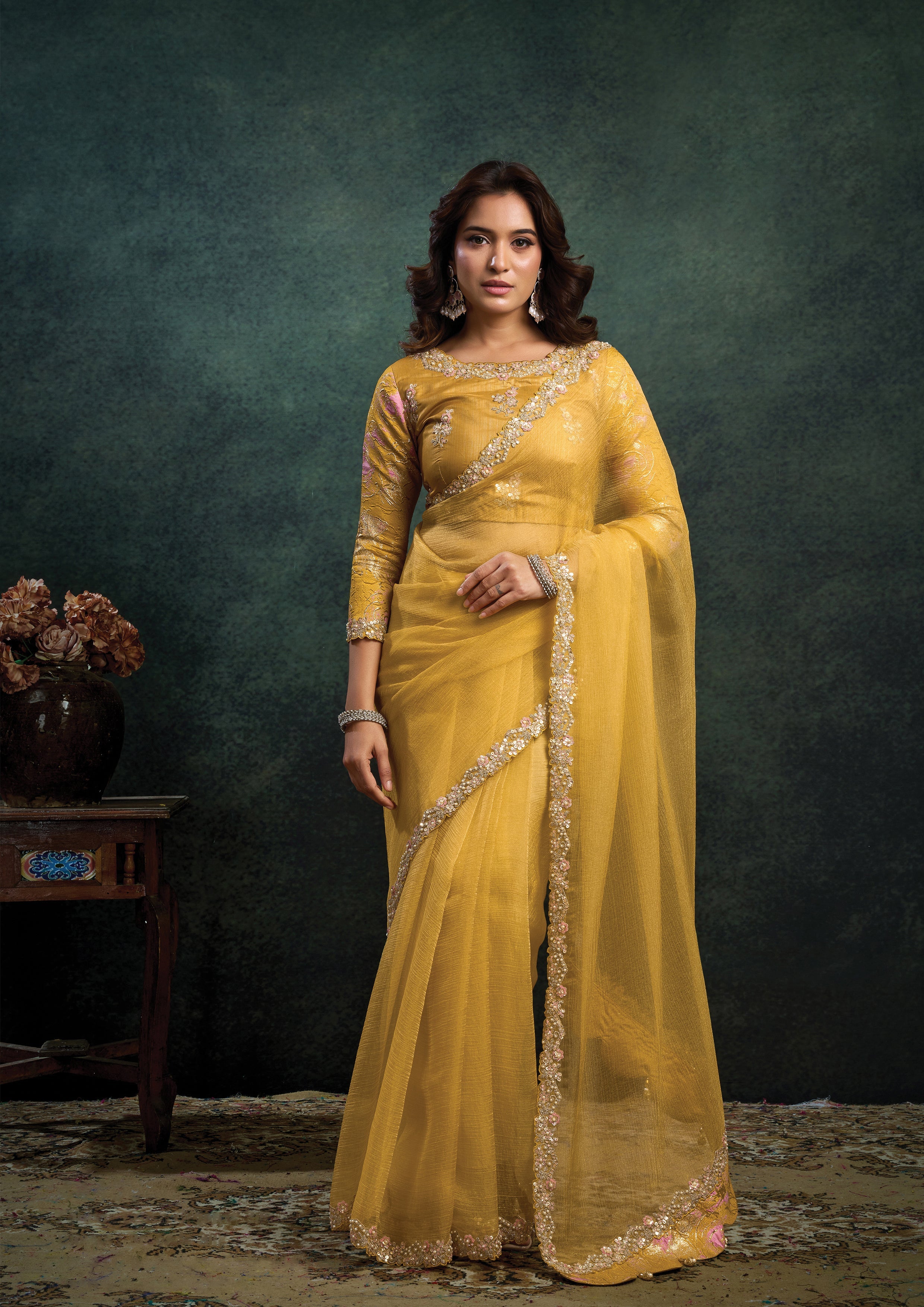 Amber Yellow Embellished Organza Silk Saree