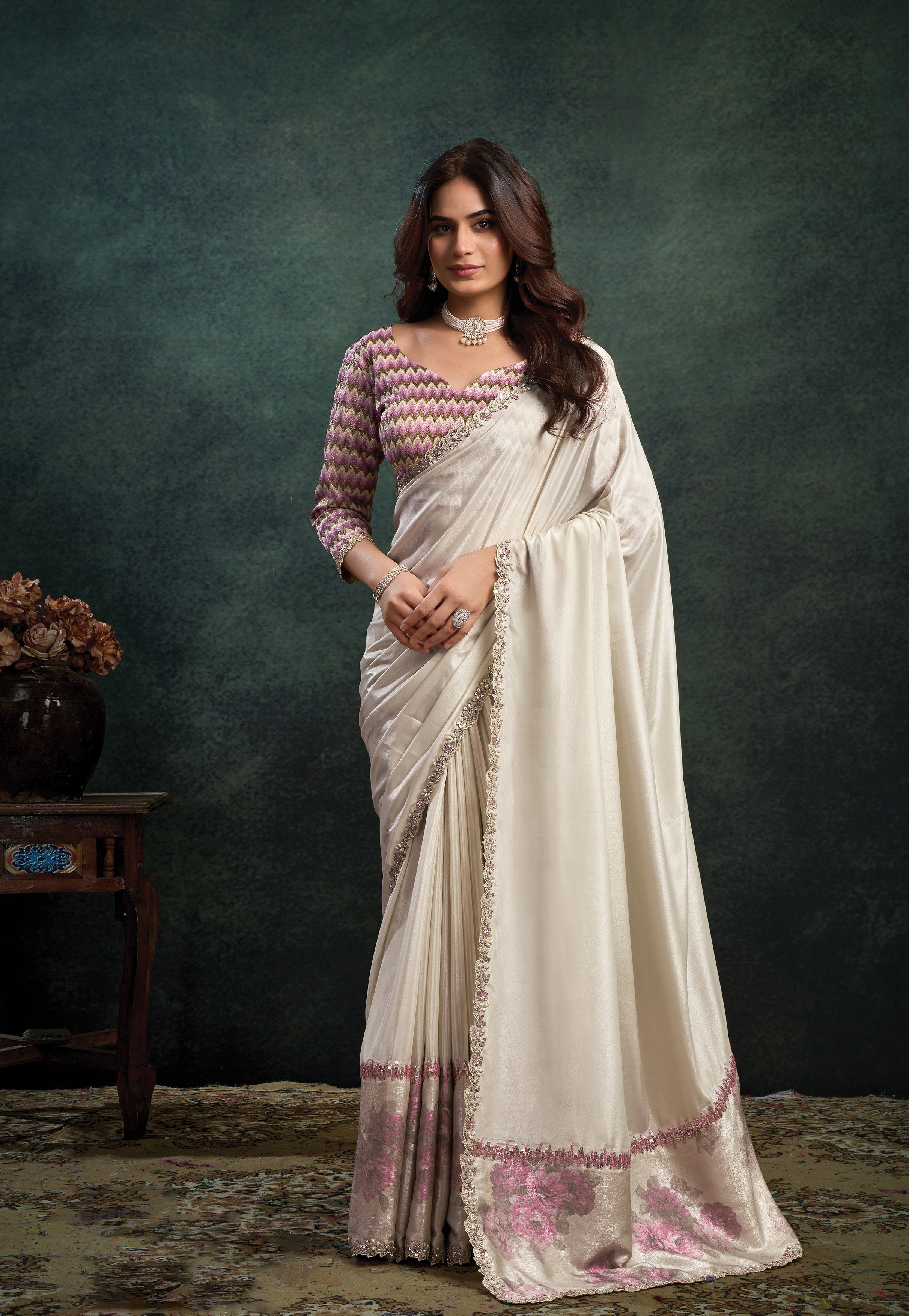 Ivory Bloom Embellished Uppada Silk Saree