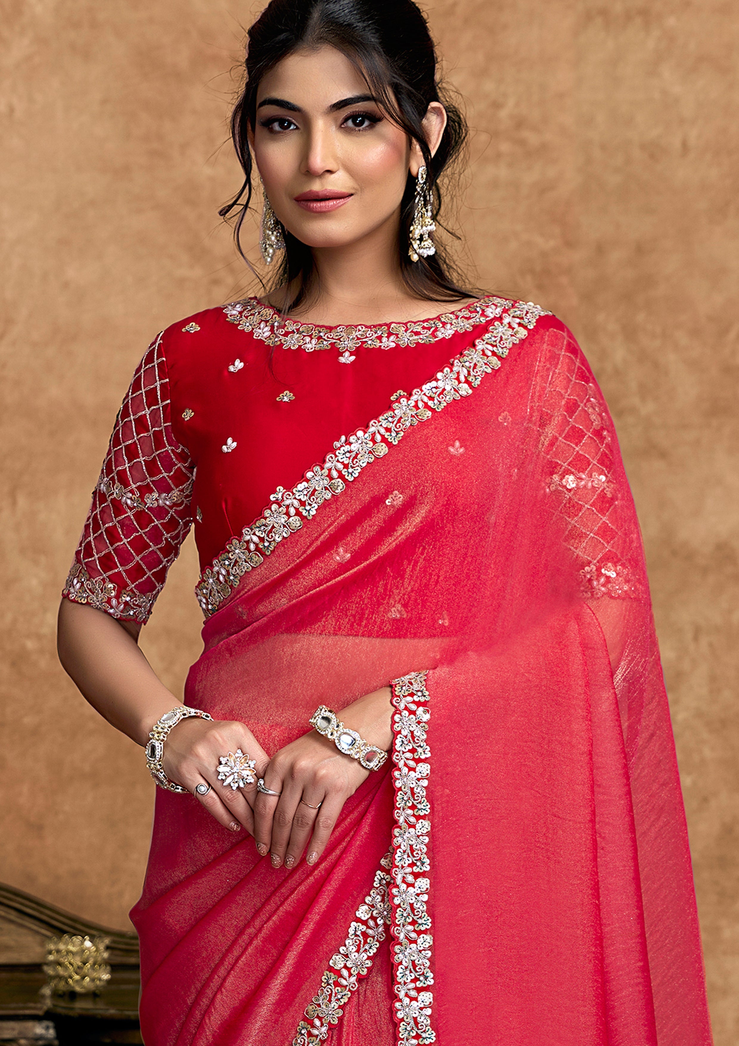 Cherry Red Embellished Shimmer Organza Silk Saree