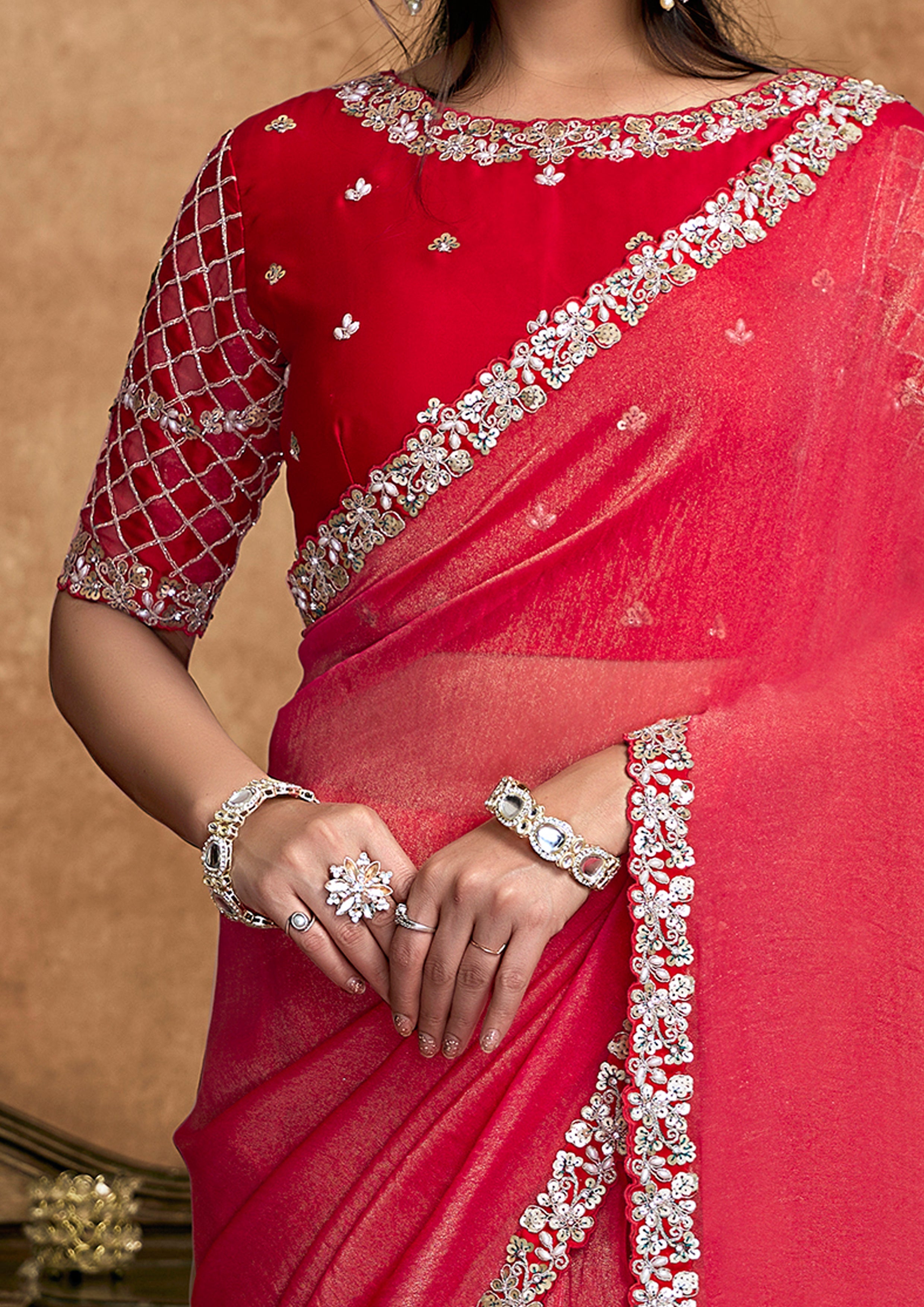 Cherry Red Embellished Shimmer Organza Silk Saree