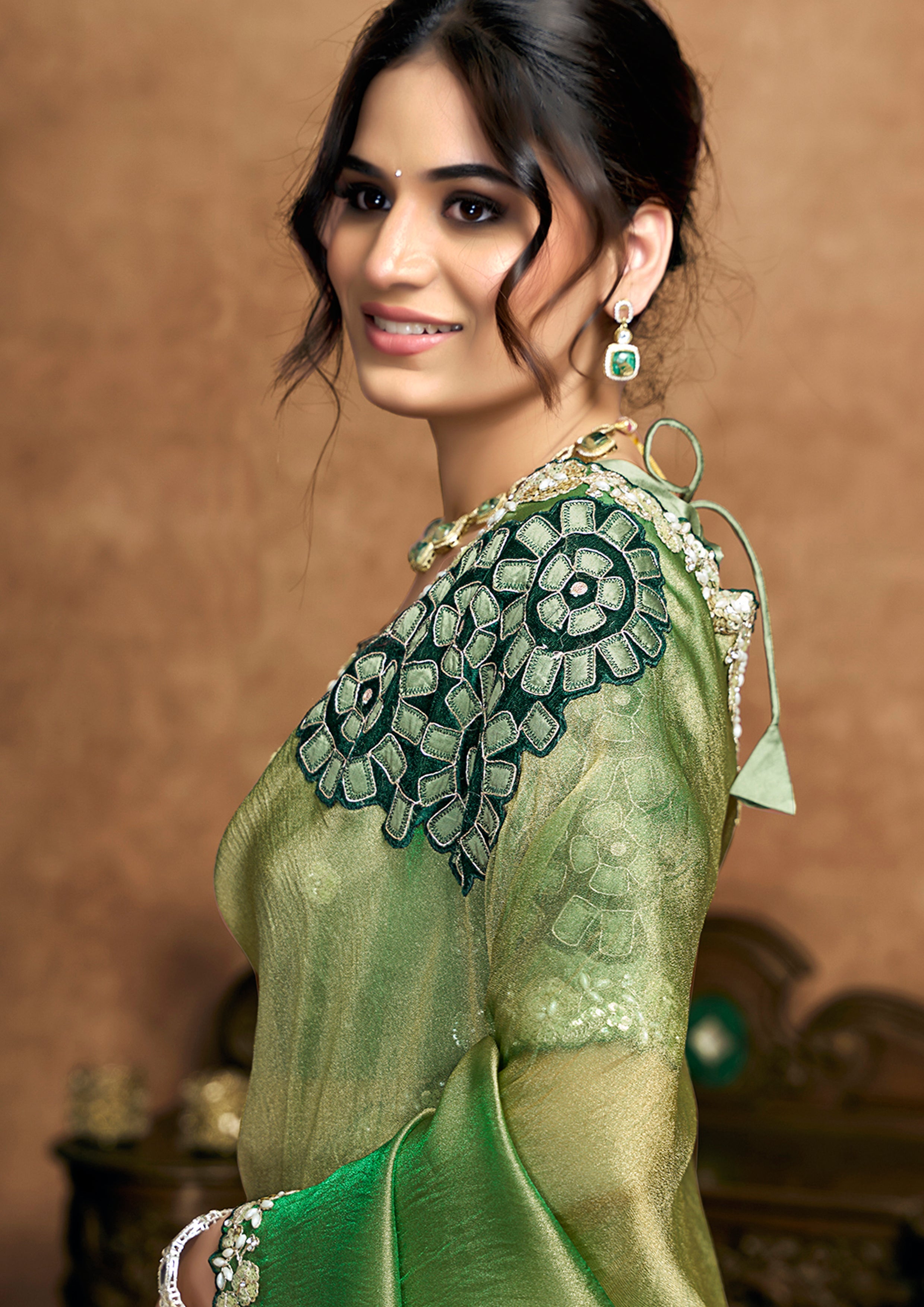 Moss Green Embellished Shimmer Organza Silk Saree
