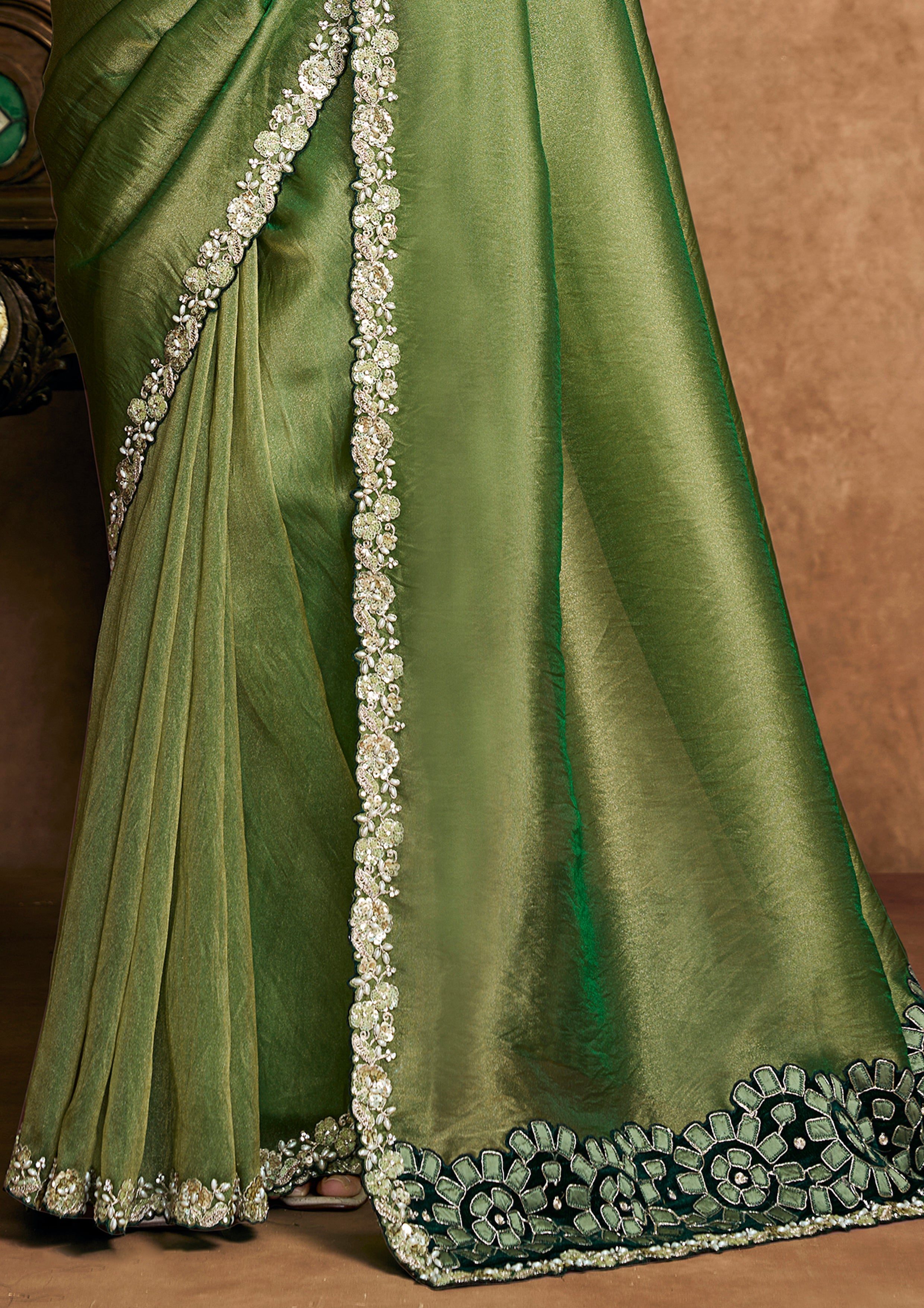 Moss Green Embellished Shimmer Organza Silk Saree