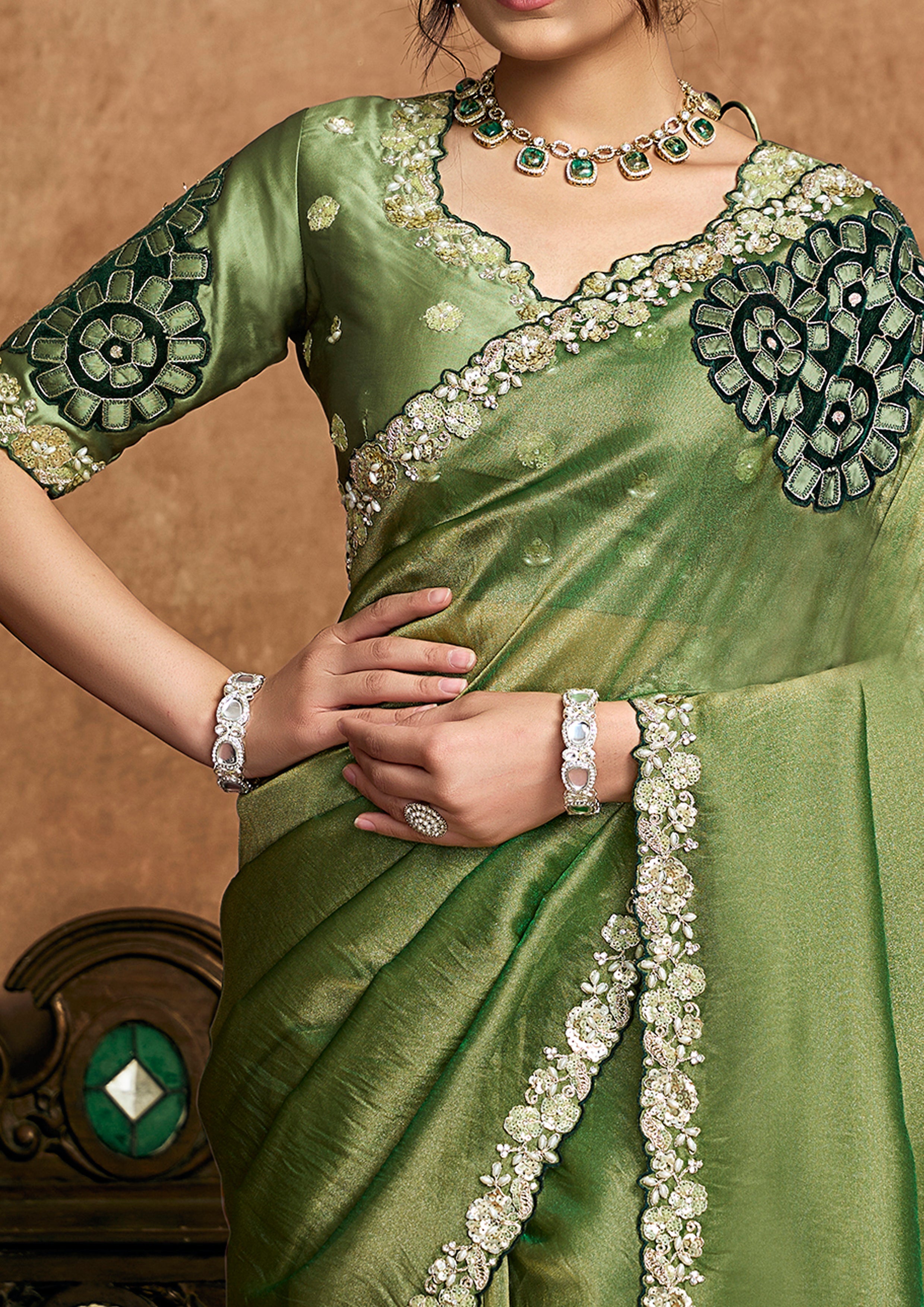 Moss Green Embellished Shimmer Organza Silk Saree