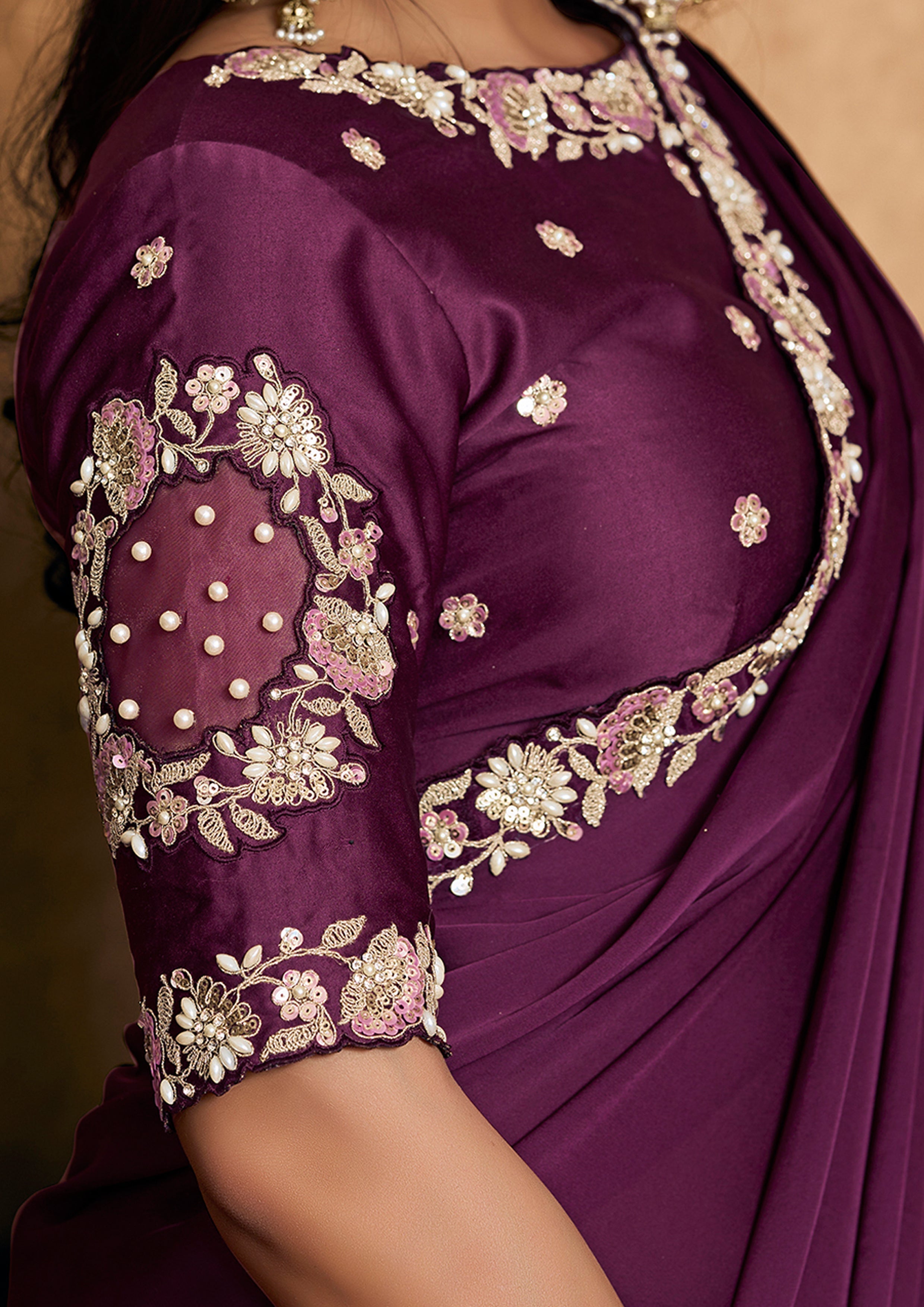 Wine Embellished Satin Silk Saree