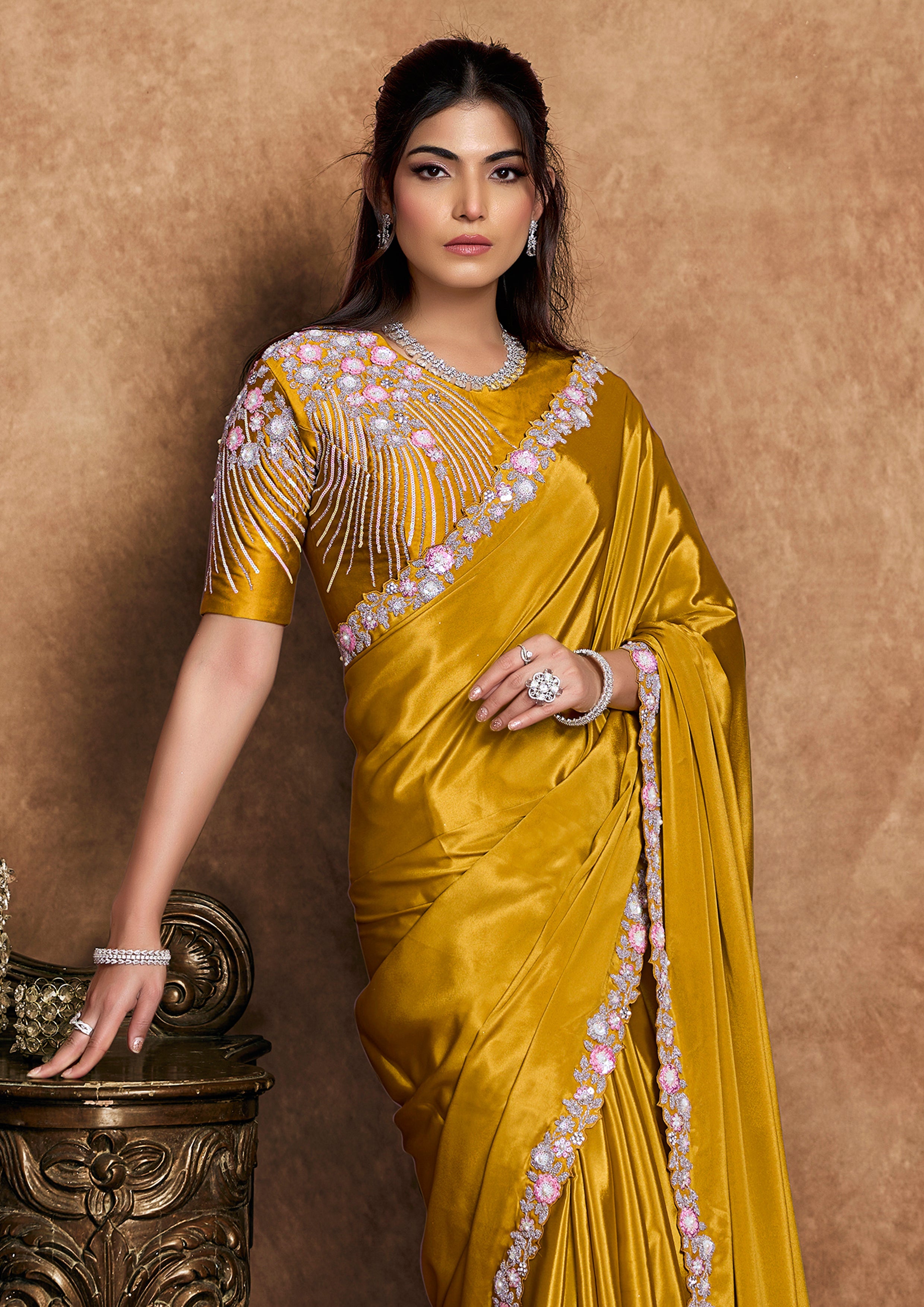 Golden Mustard Embellished Satin Silk Saree