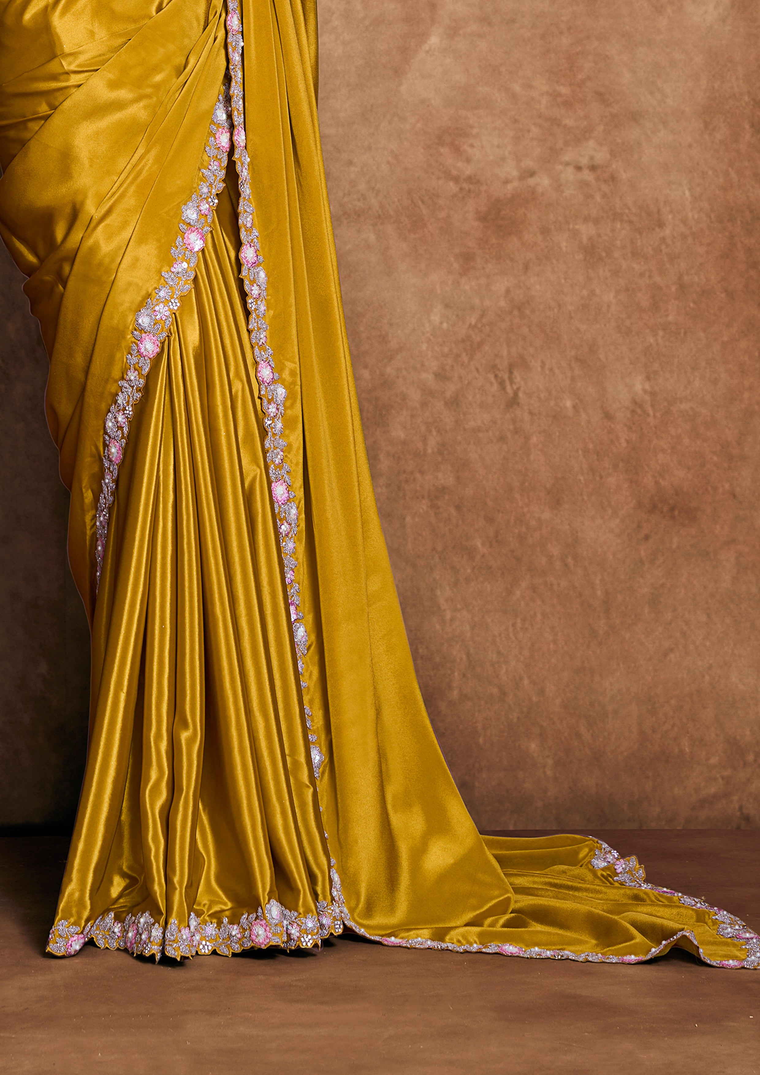 Golden Mustard Embellished Satin Silk Saree