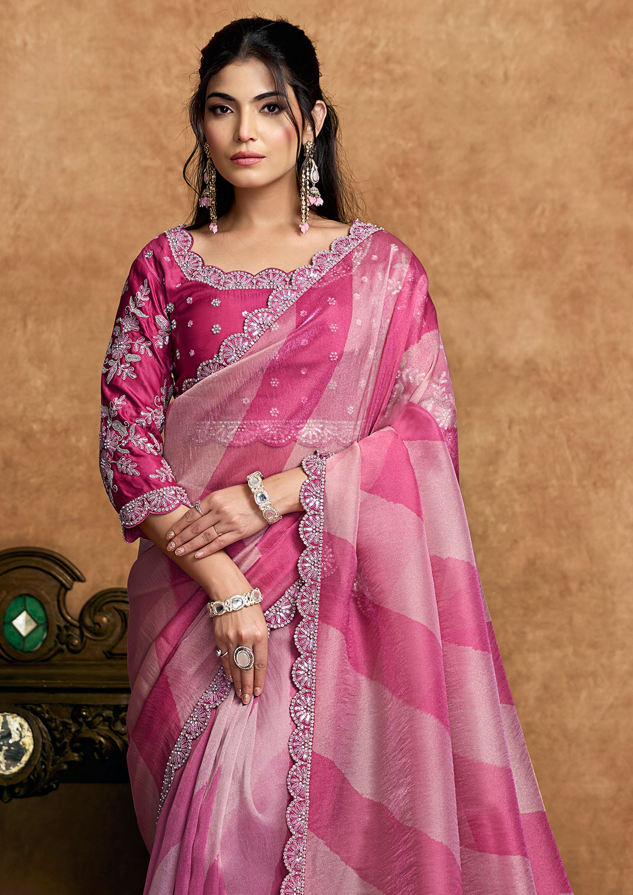 Fuchsia & Rose Pink Embellished Shimmer Saree