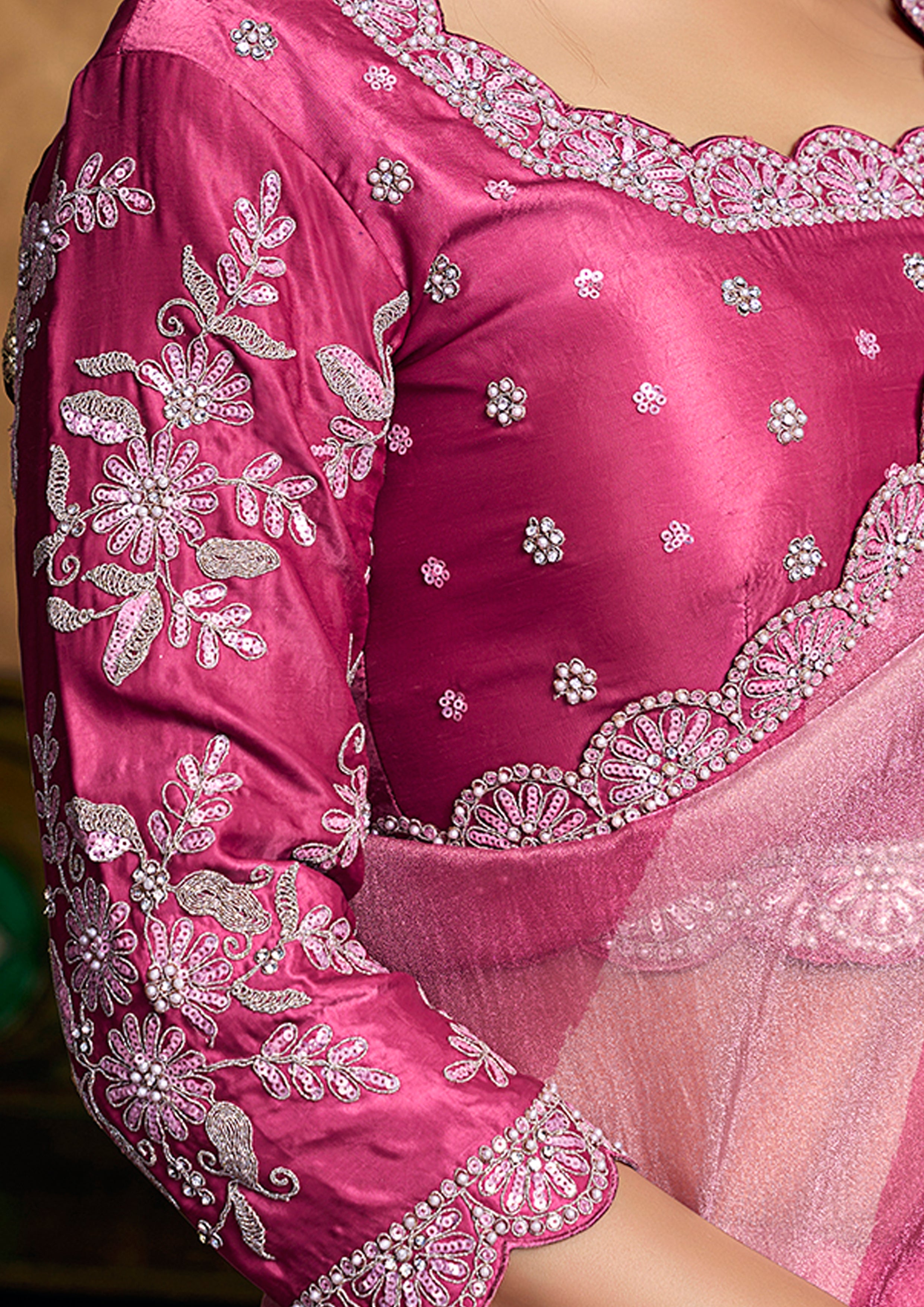 Fuchsia & Rose Pink Embellished Shimmer Saree