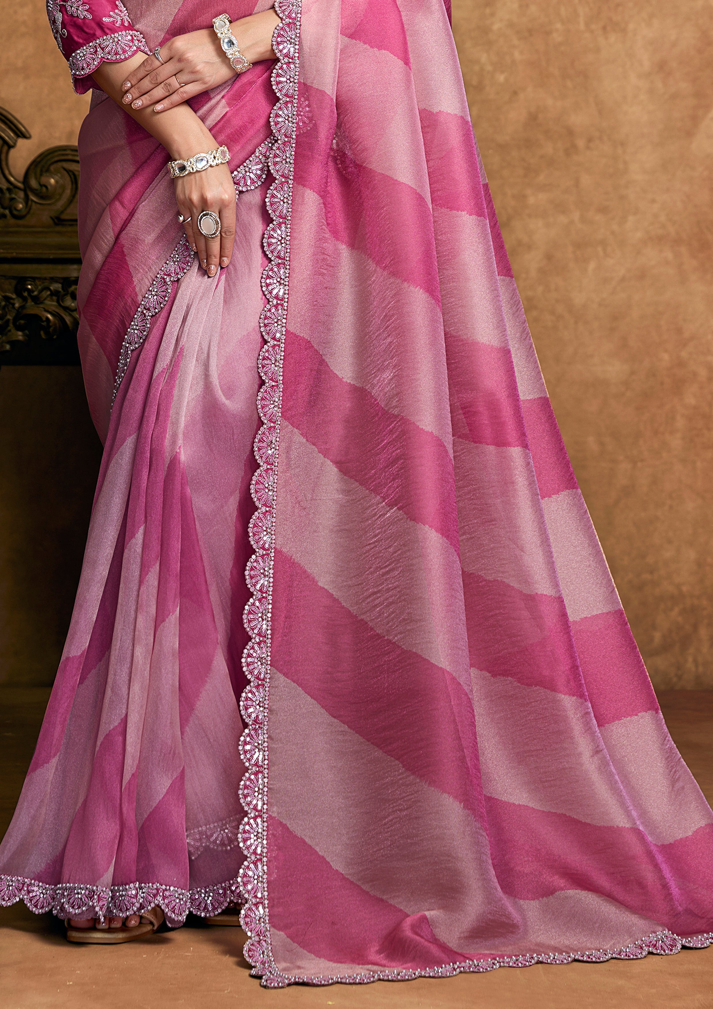 Fuchsia & Rose Pink Embellished Shimmer Saree