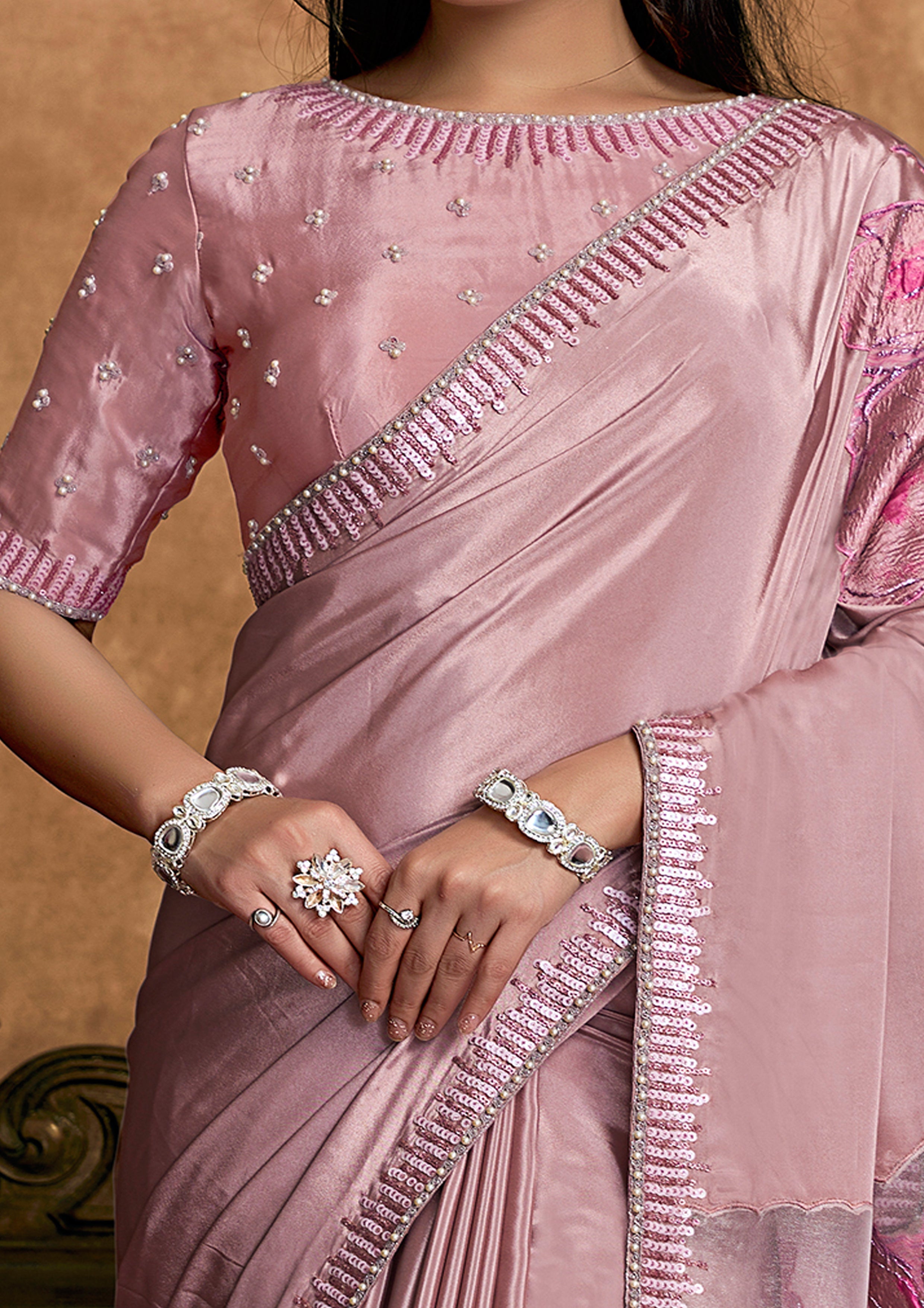 Blush Pink Embellished Satin Silk Saree