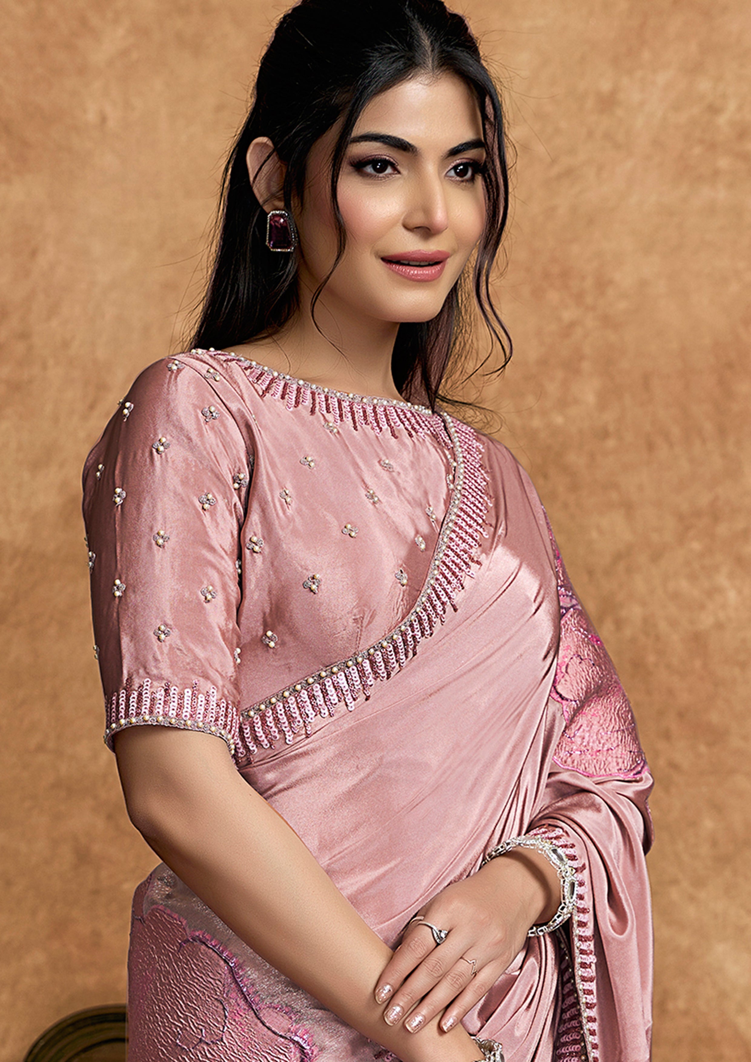 Blush Pink Embellished Satin Silk Saree