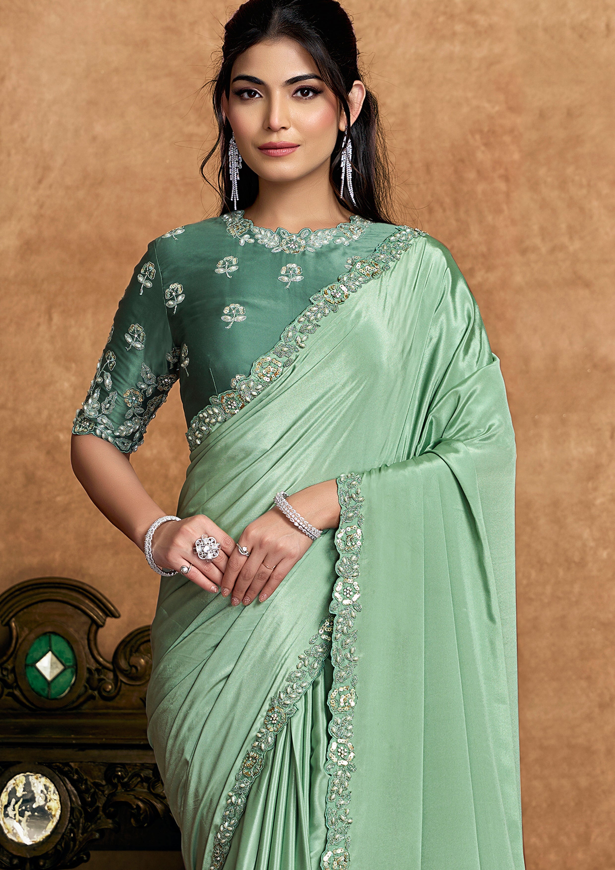Mint Green Embellished Satin Silk Saree