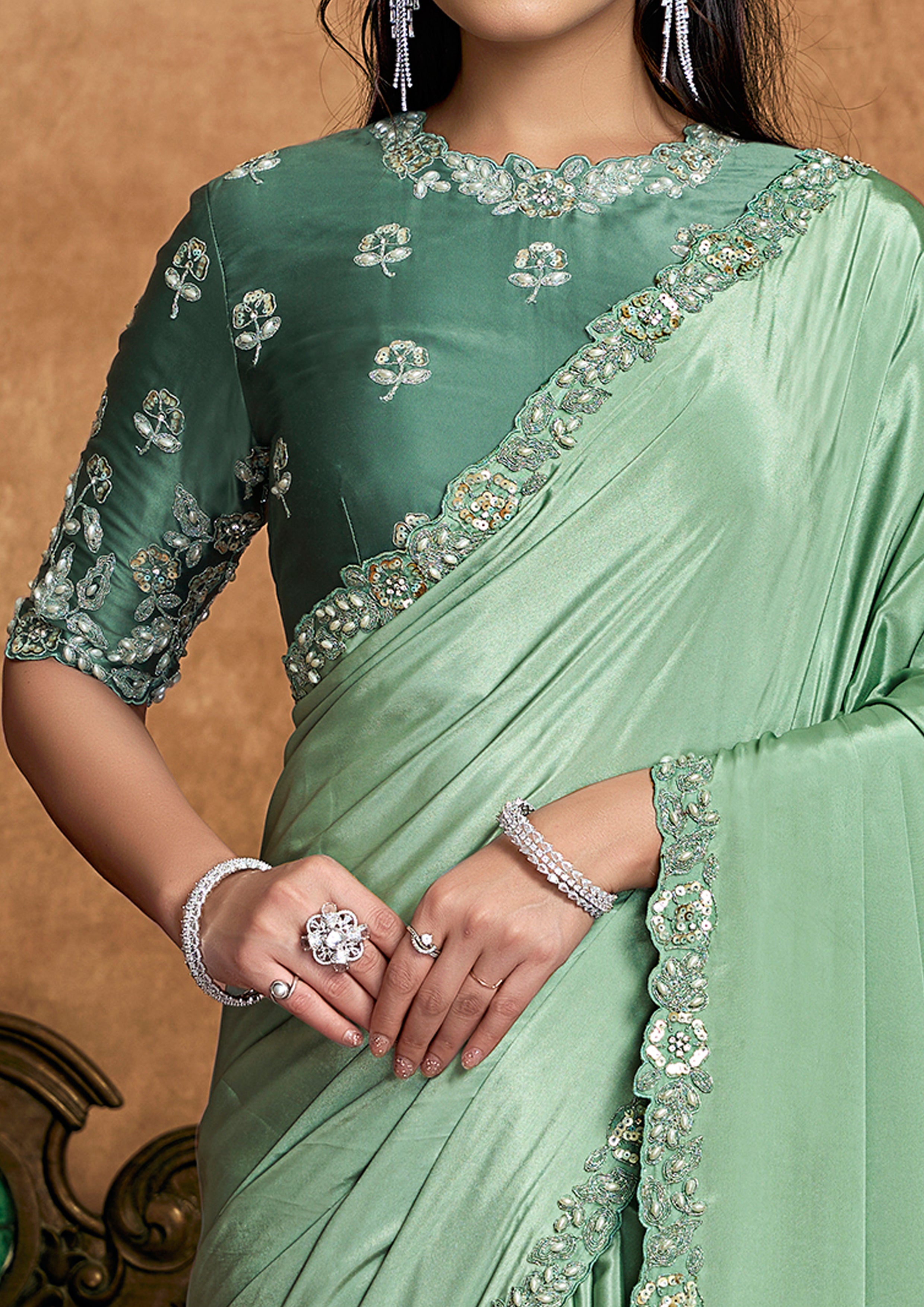 Mint Green Embellished Satin Silk Saree