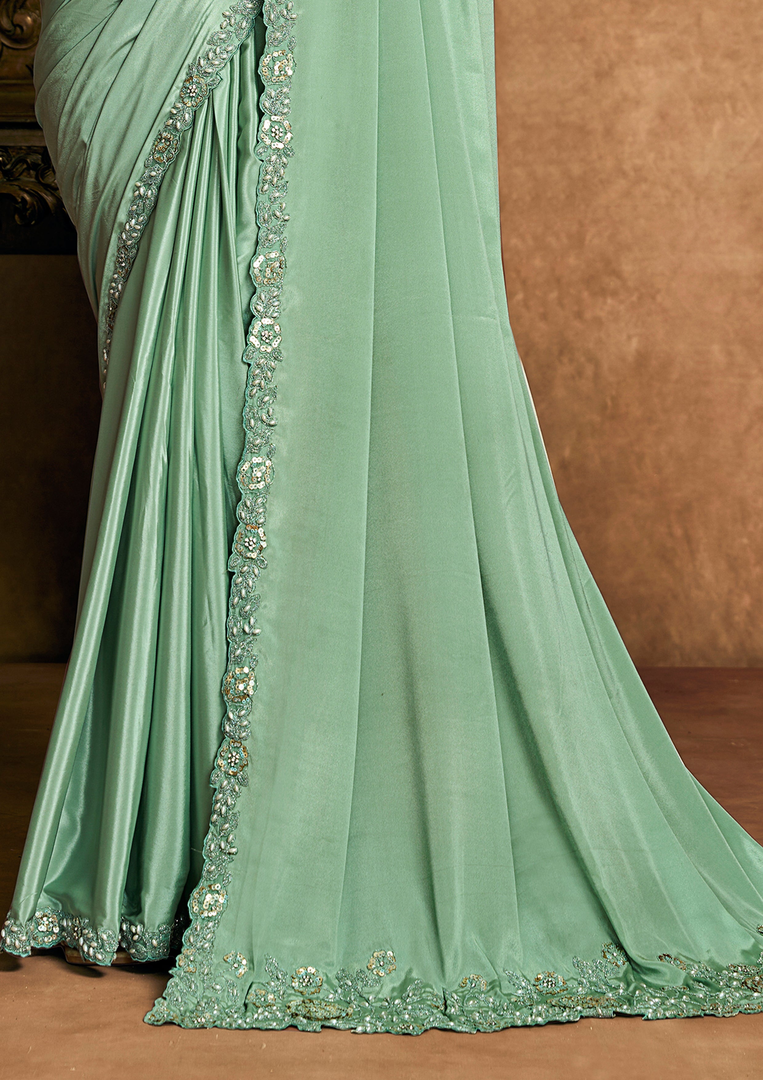 Mint Green Embellished Satin Silk Saree