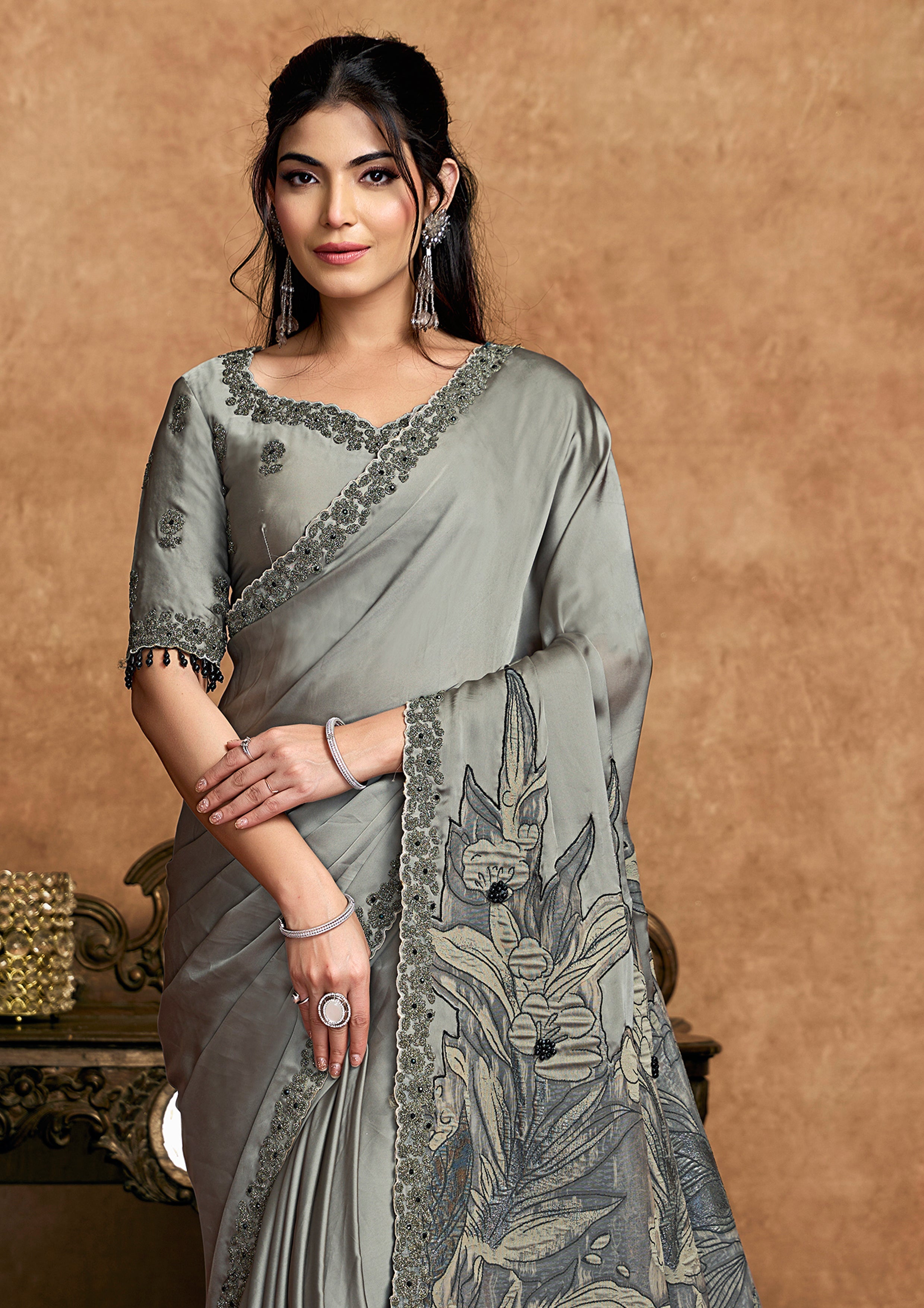 Steel Grey Embellished Satin Silk Saree