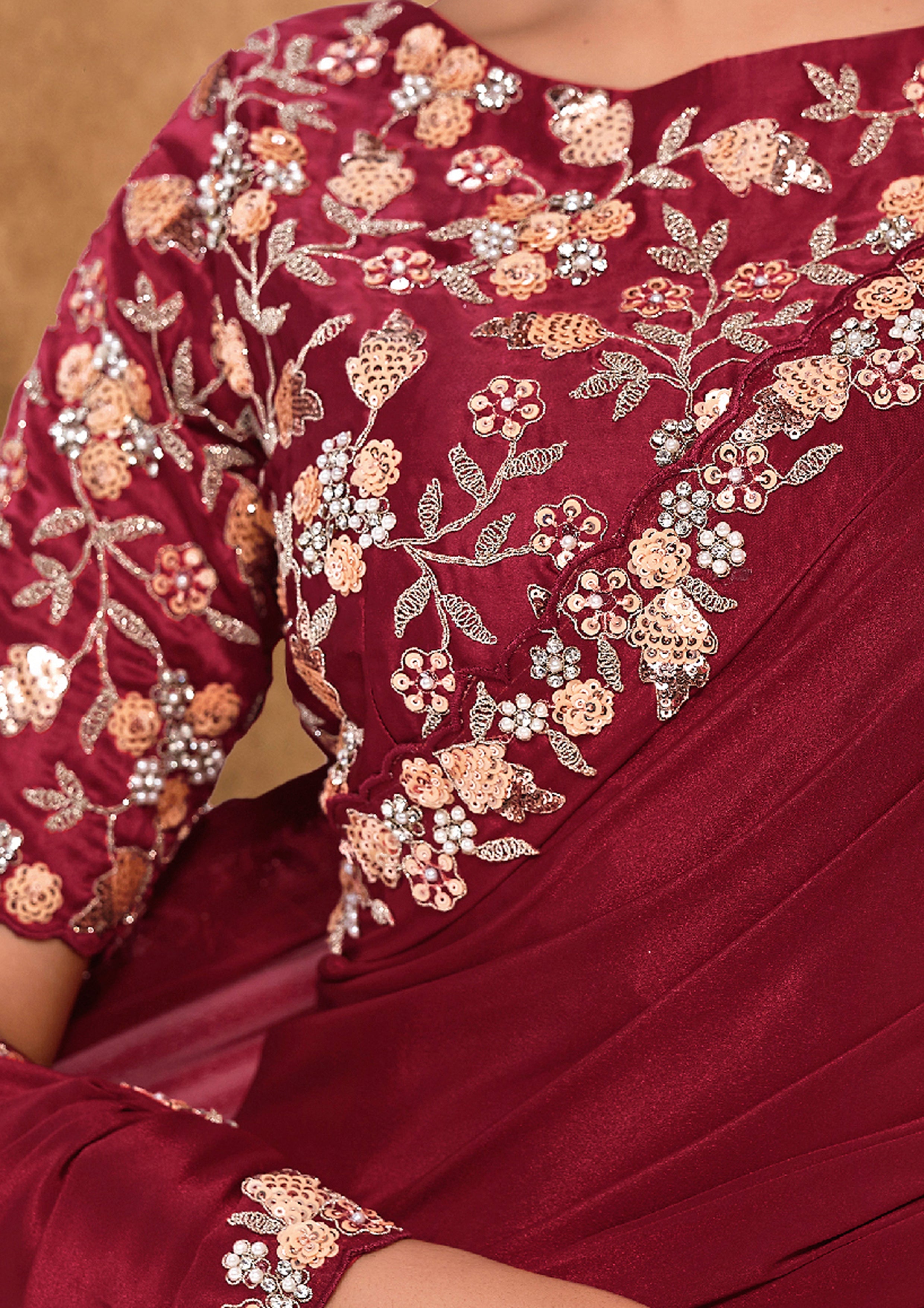 Deep Maroon Embellished Satin Silk Saree