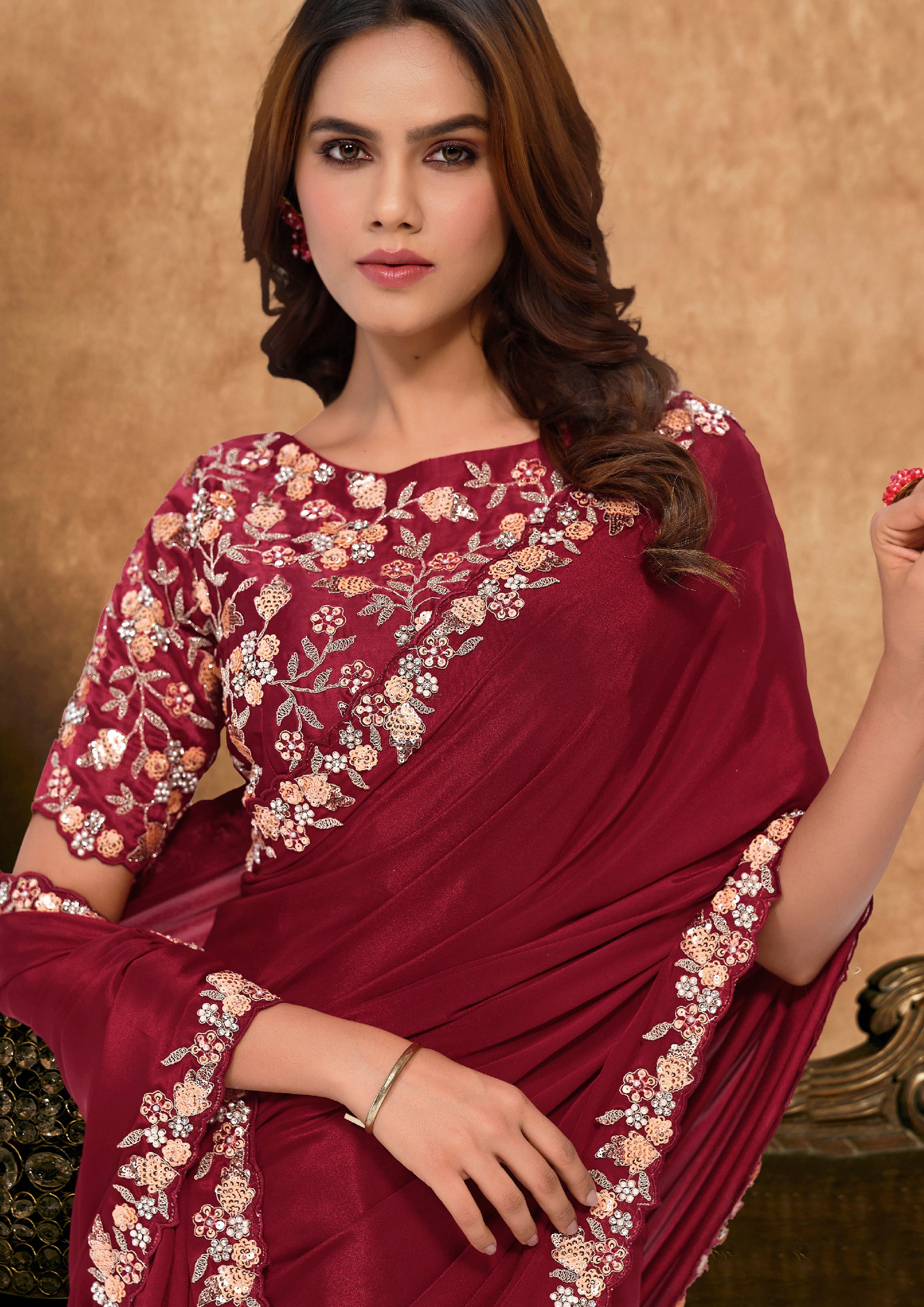 Deep Maroon Embellished Satin Silk Saree
