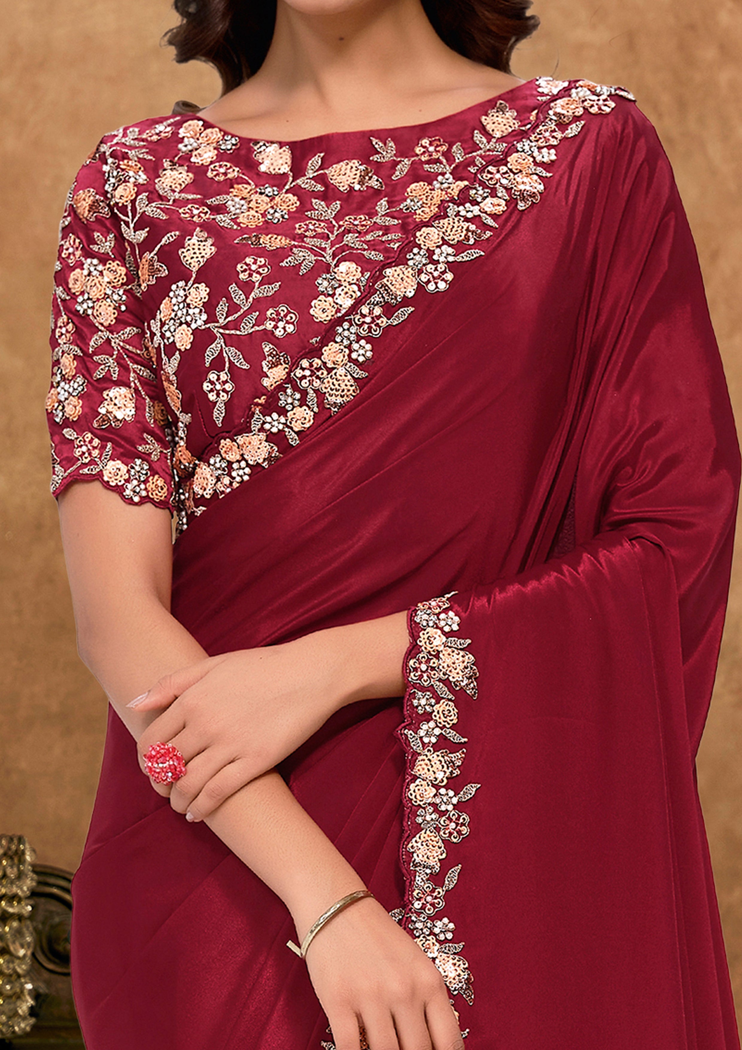 Deep Maroon Embellished Satin Silk Saree