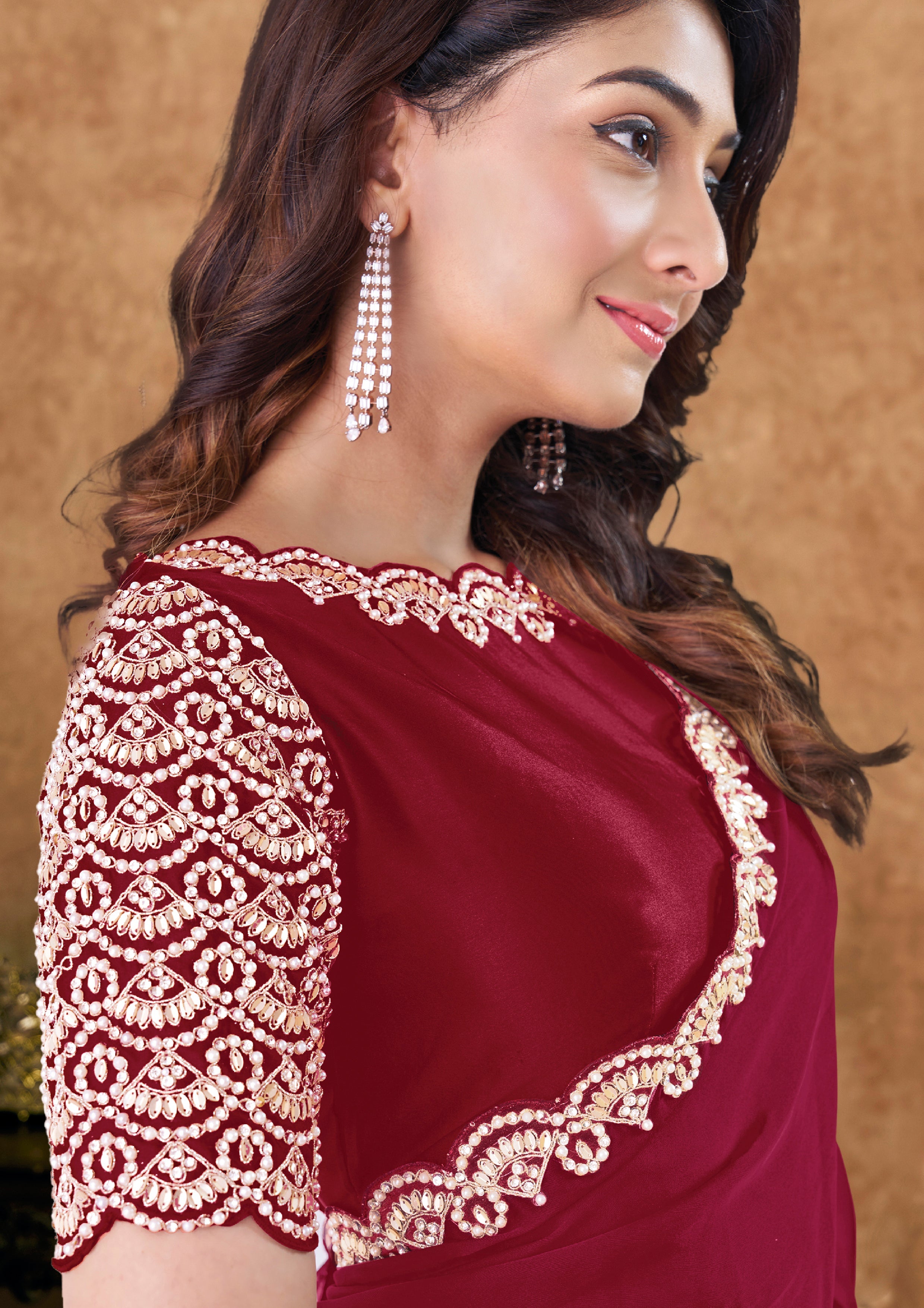 Crimson Red Embellished Crepe Silk Saree