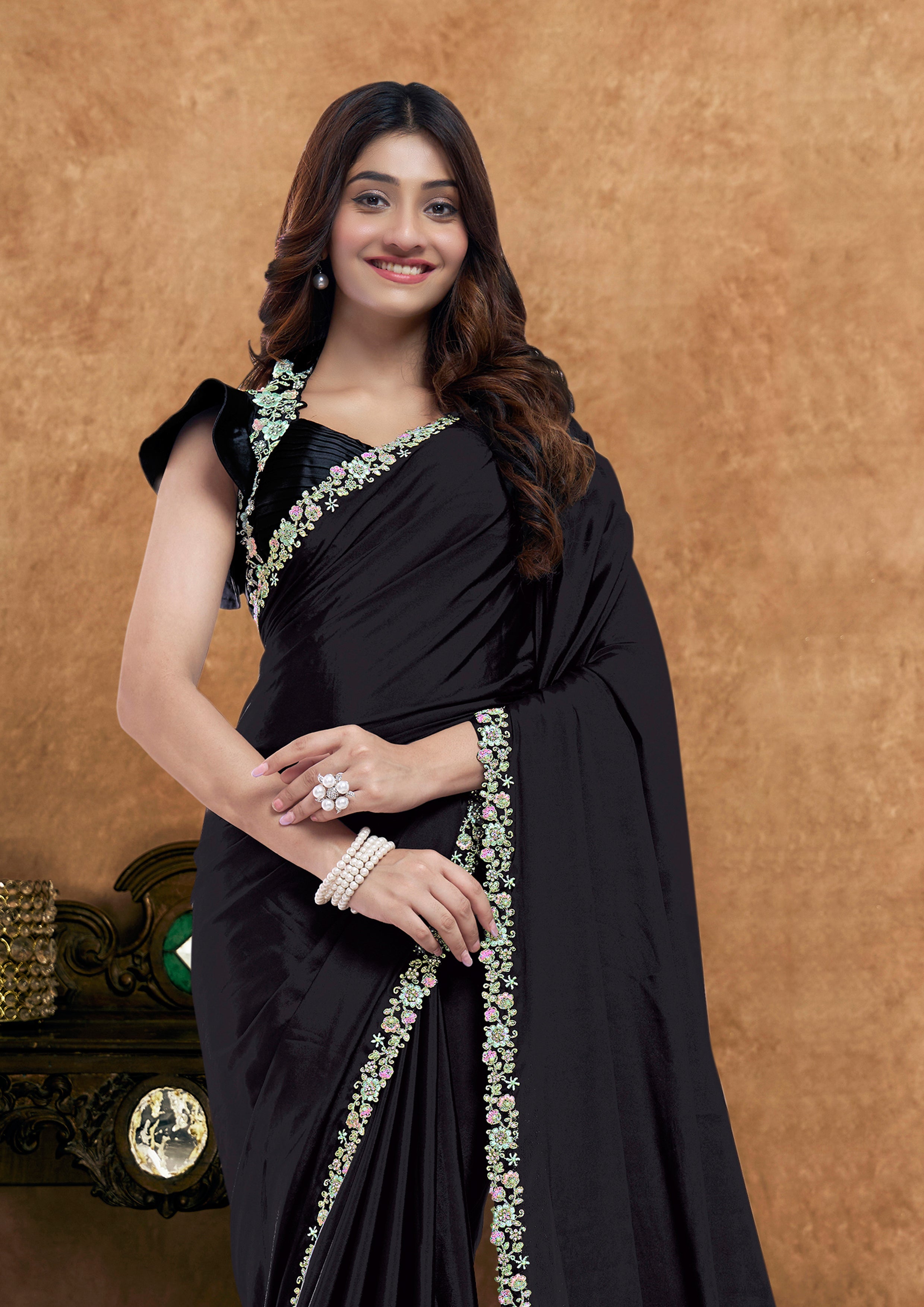 Deep Black Embellished Crepe Silk Saree