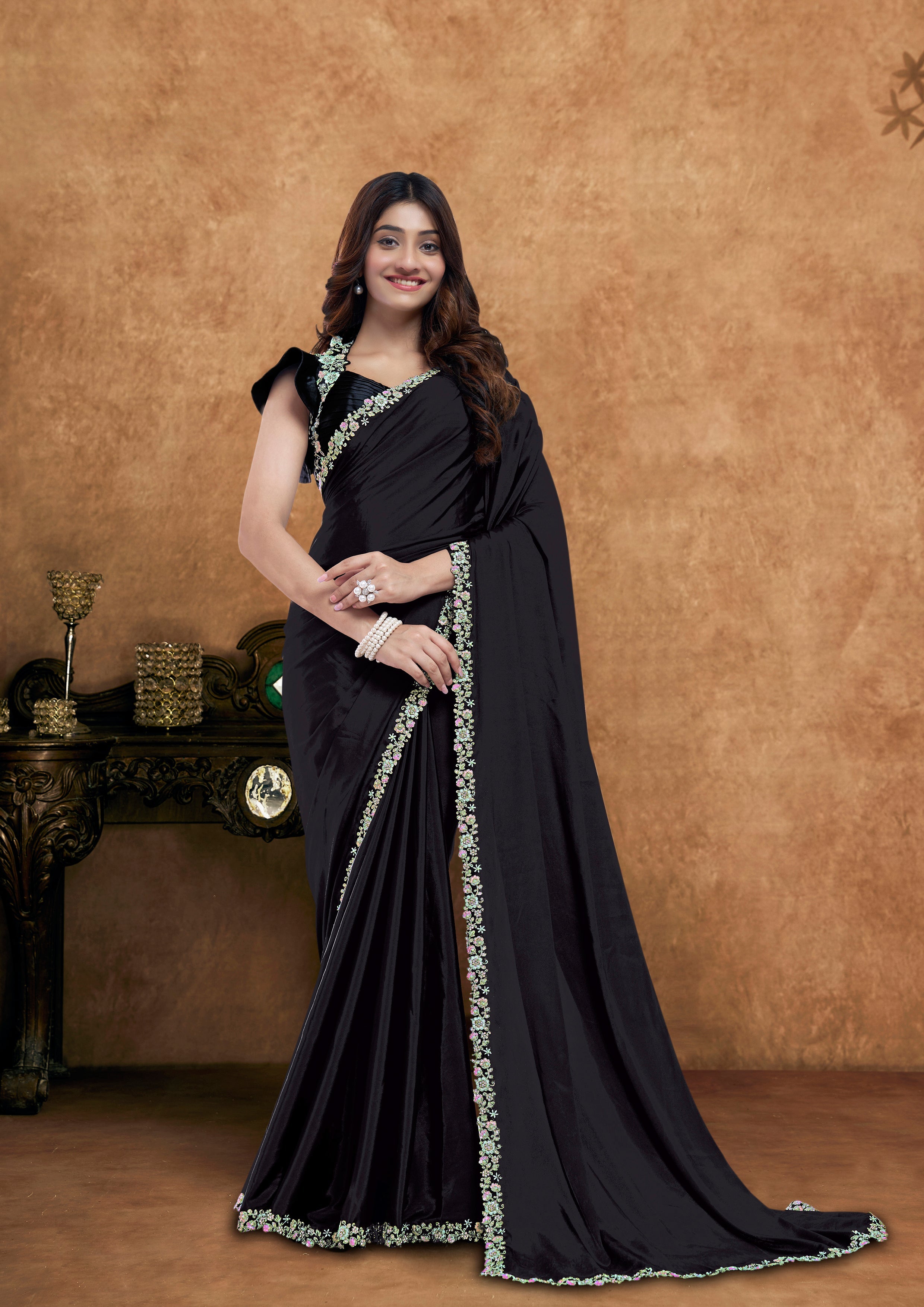 Deep Black Embellished Crepe Silk Saree