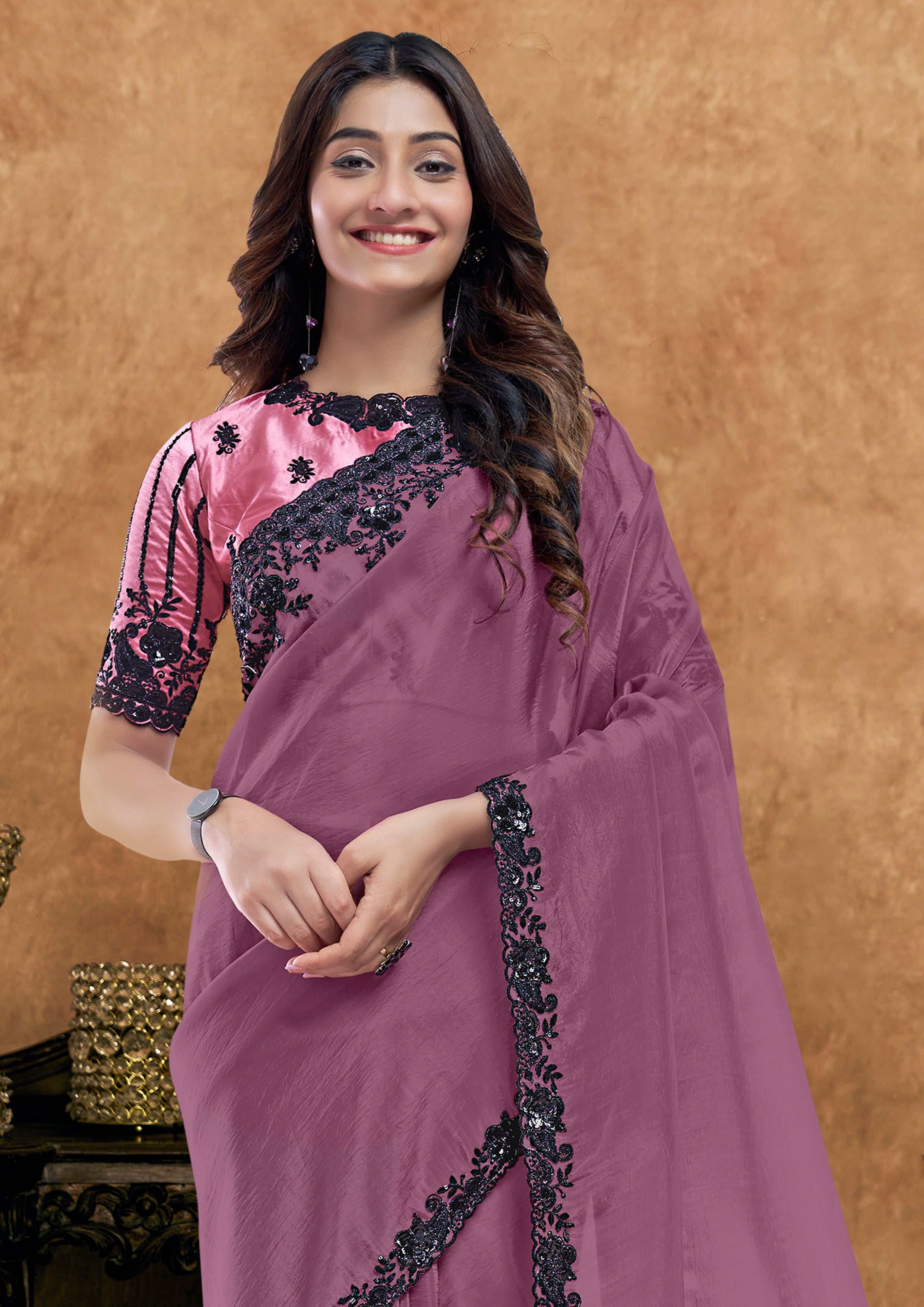 Mauve Orchid Embellished Crushed Pure Silk Saree