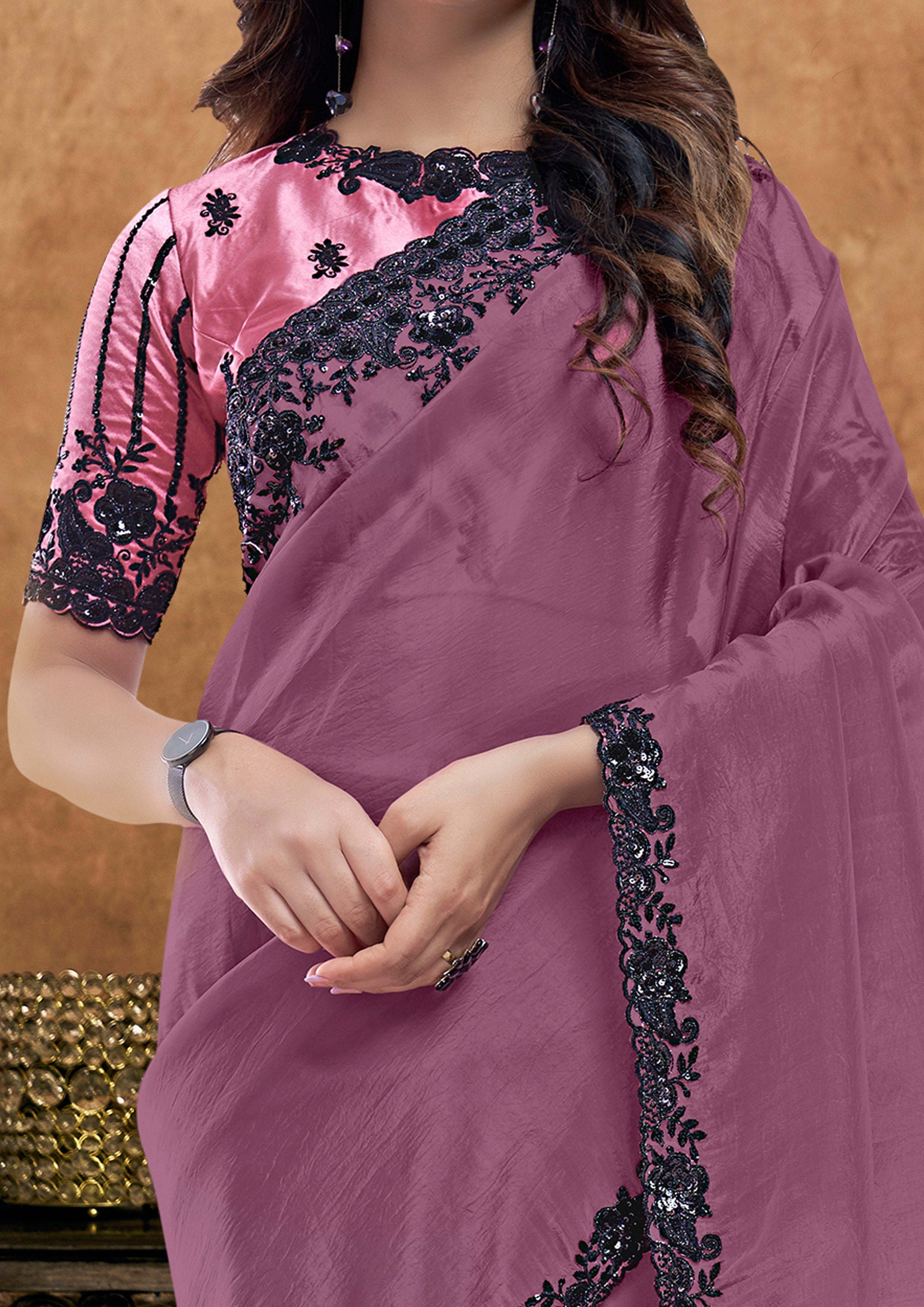 Mauve Orchid Embellished Crushed Pure Silk Saree