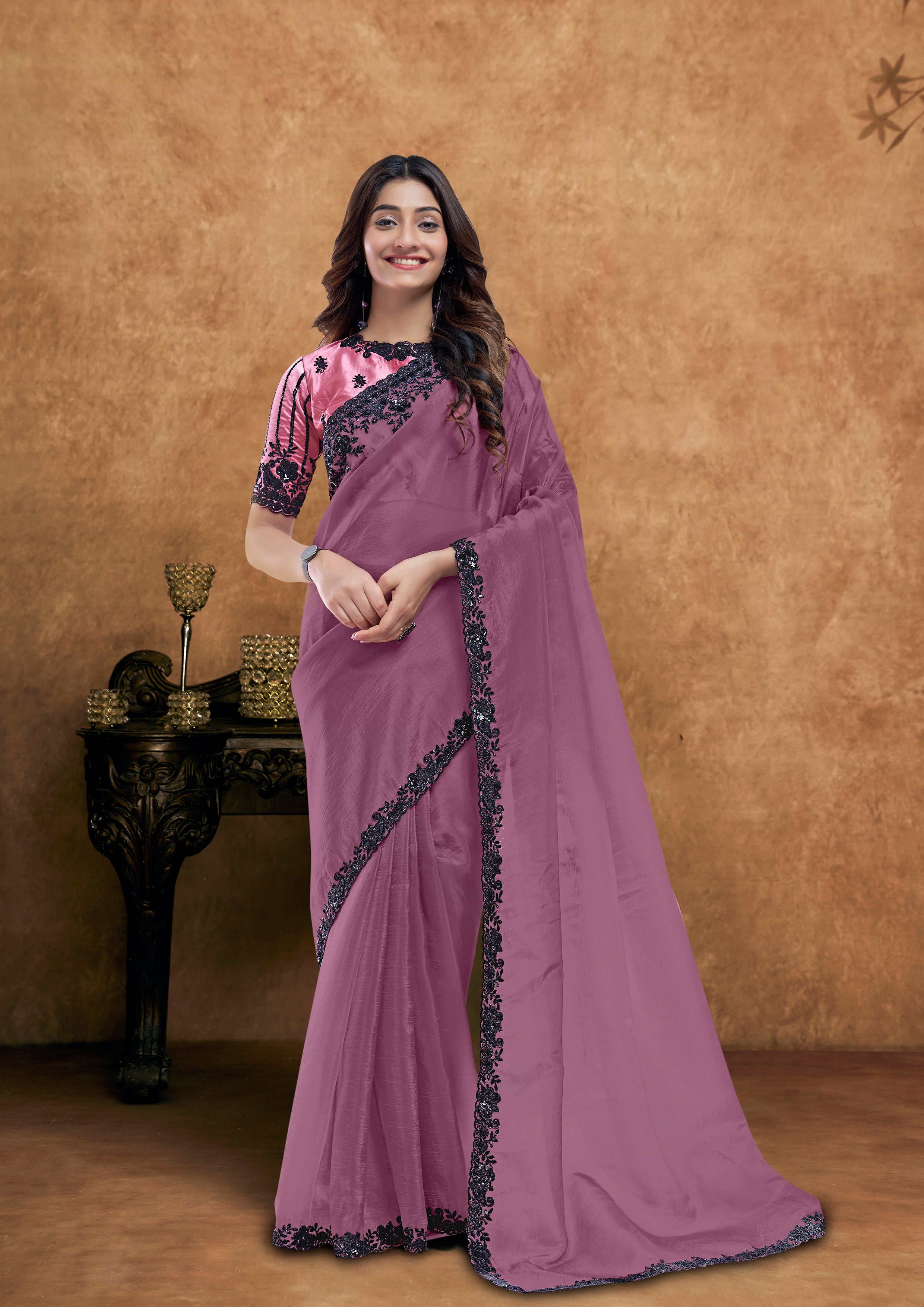 Mauve Orchid Embellished Crushed Pure Silk Saree